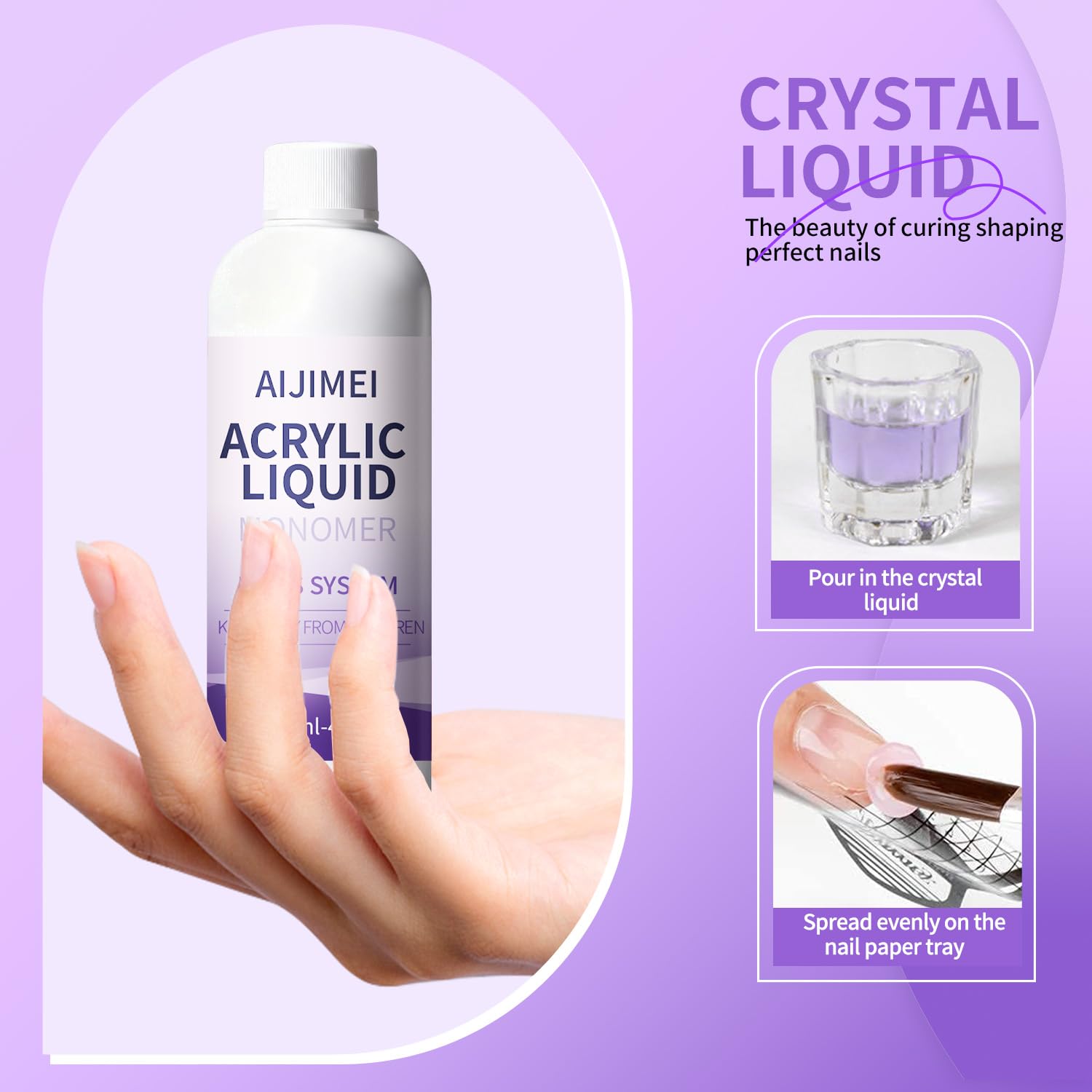 AIJIMEI clear acrylic monomer liquid for non-yellowing nail art extensions.