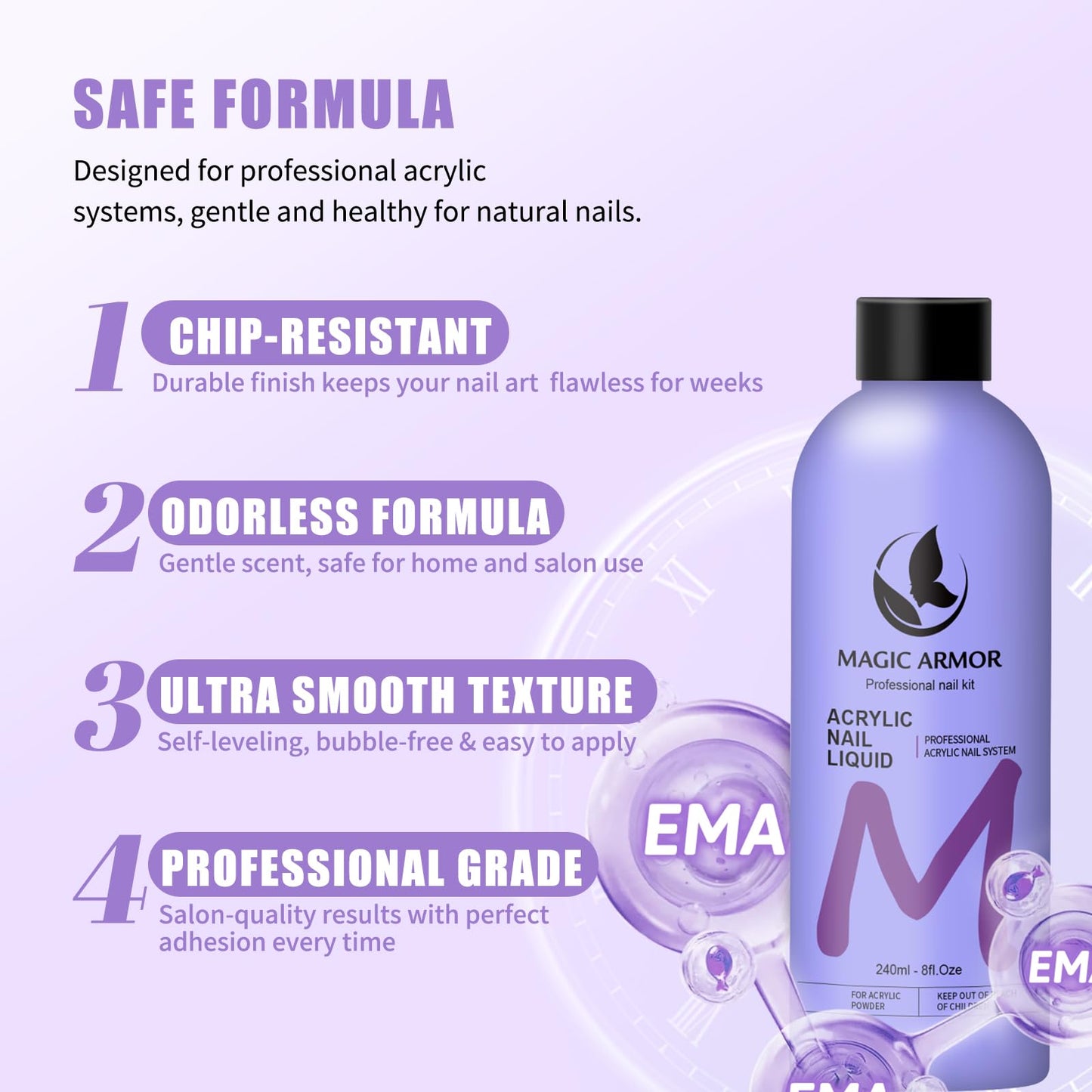 Professional nail technician dipping a brush into MAGIC ARMOR acrylic liquid monomer for nail sculpting.
