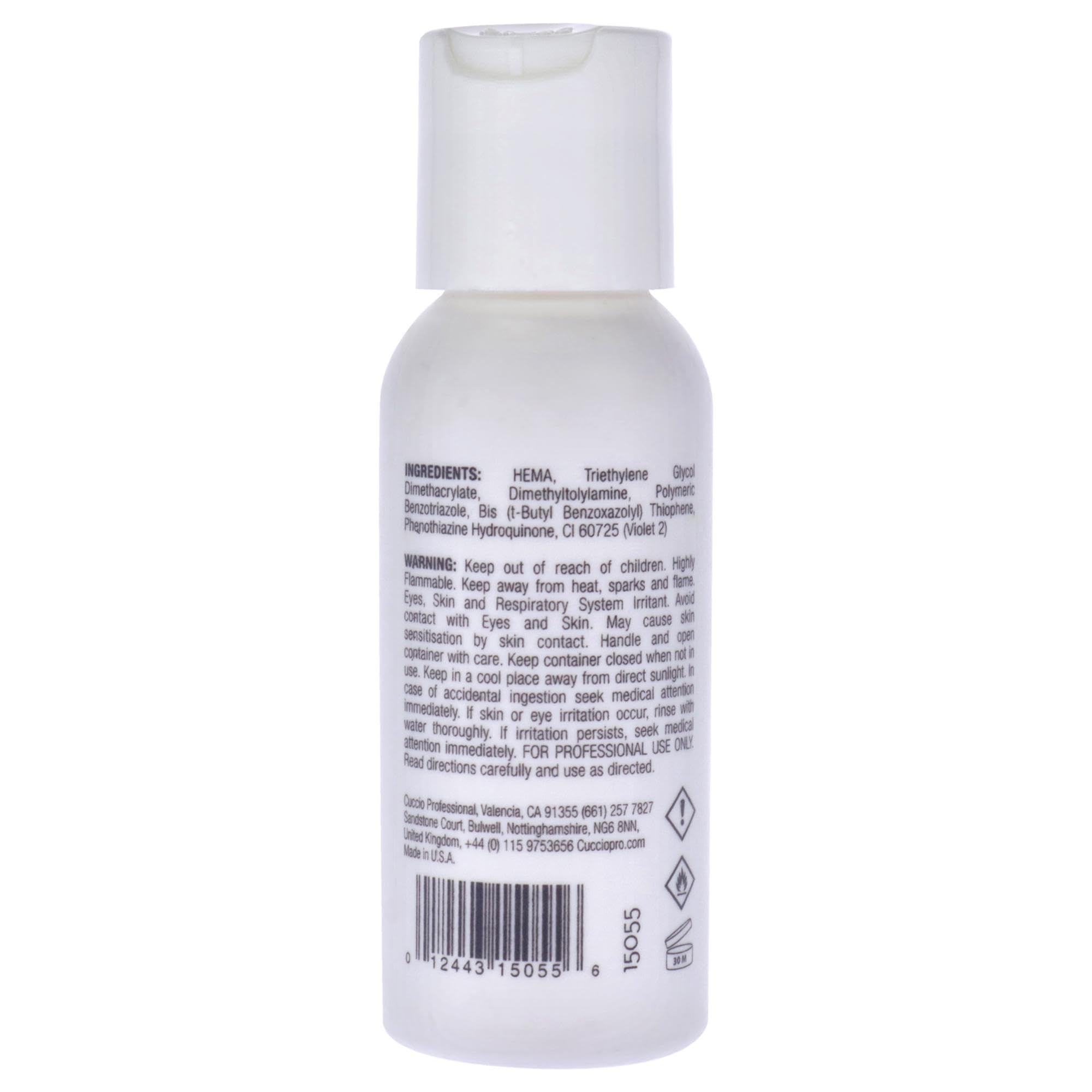 Two Ounce bottle of Cuccio Pro salon monomer showing clear liquid formulation details