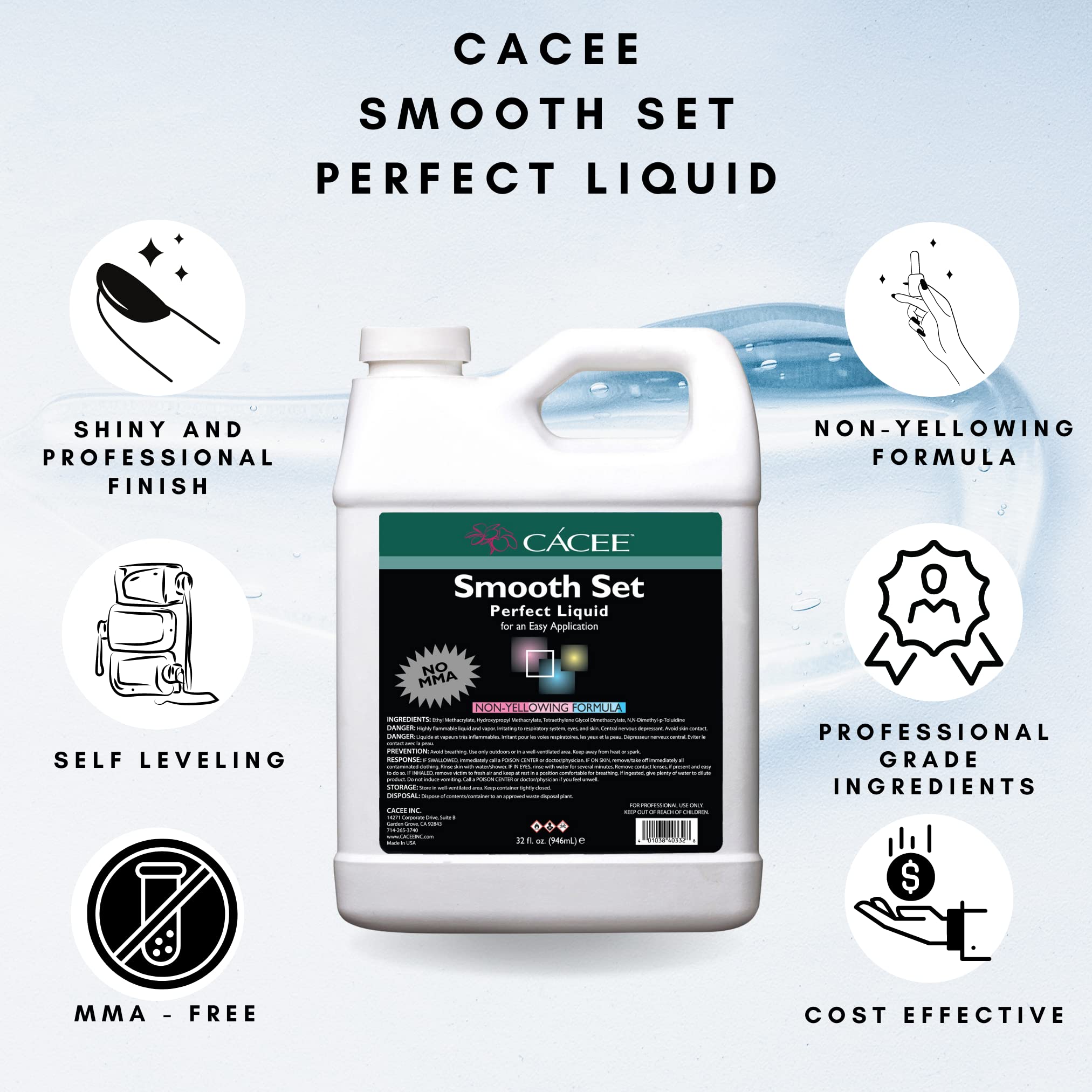 Cacee non-yellowing acrylic nail liquid packaging showing clear professional application instructions and ingredients.