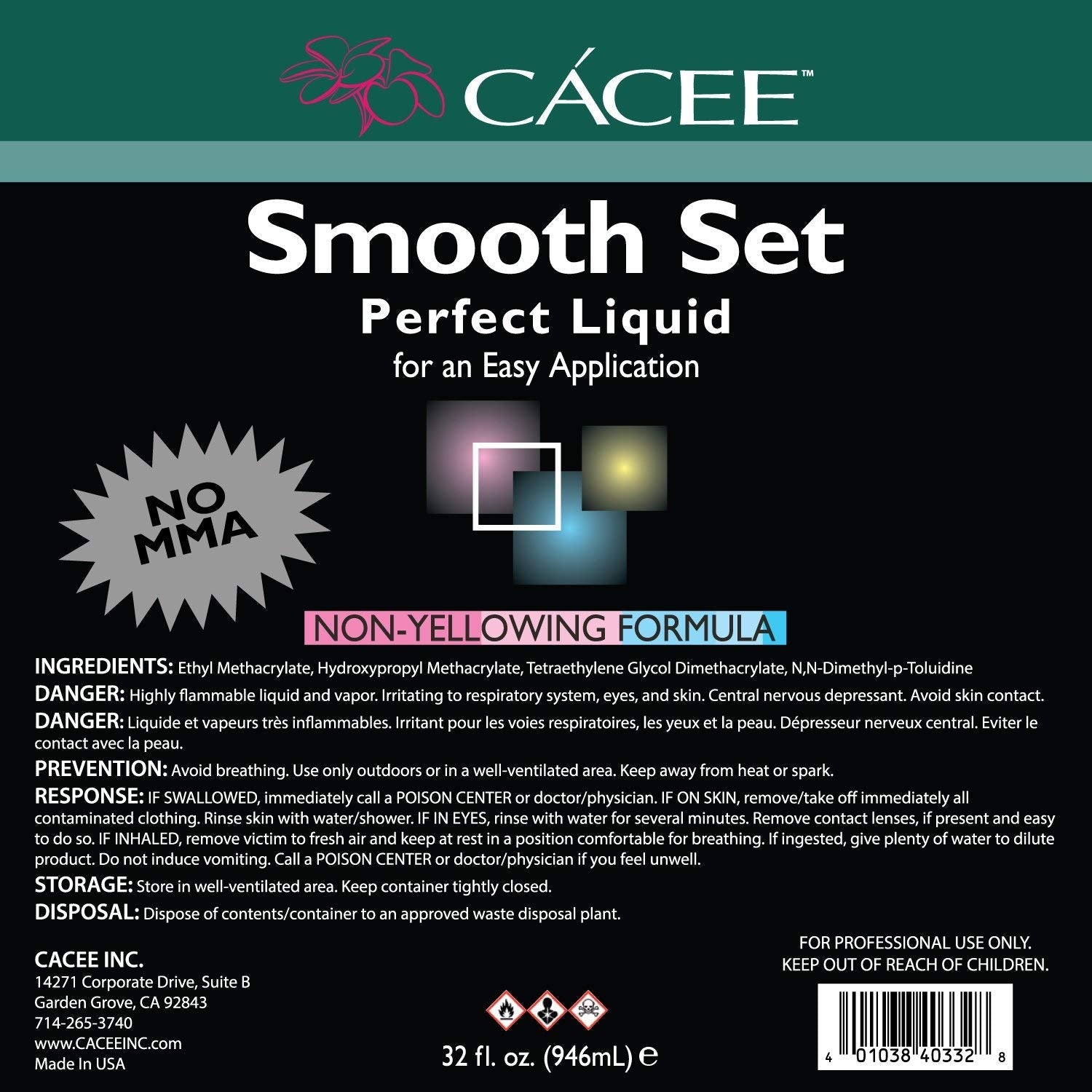 Side view of the authentic USA imported Cacee monomer bottle emphasizing the thirty two ounce professional salon size.