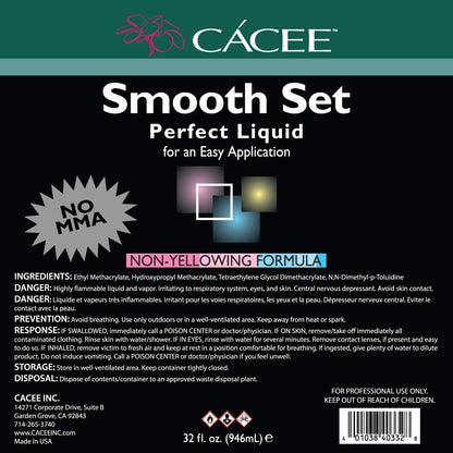 Side view of the authentic USA imported Cacee monomer bottle emphasizing the thirty two ounce professional salon size.