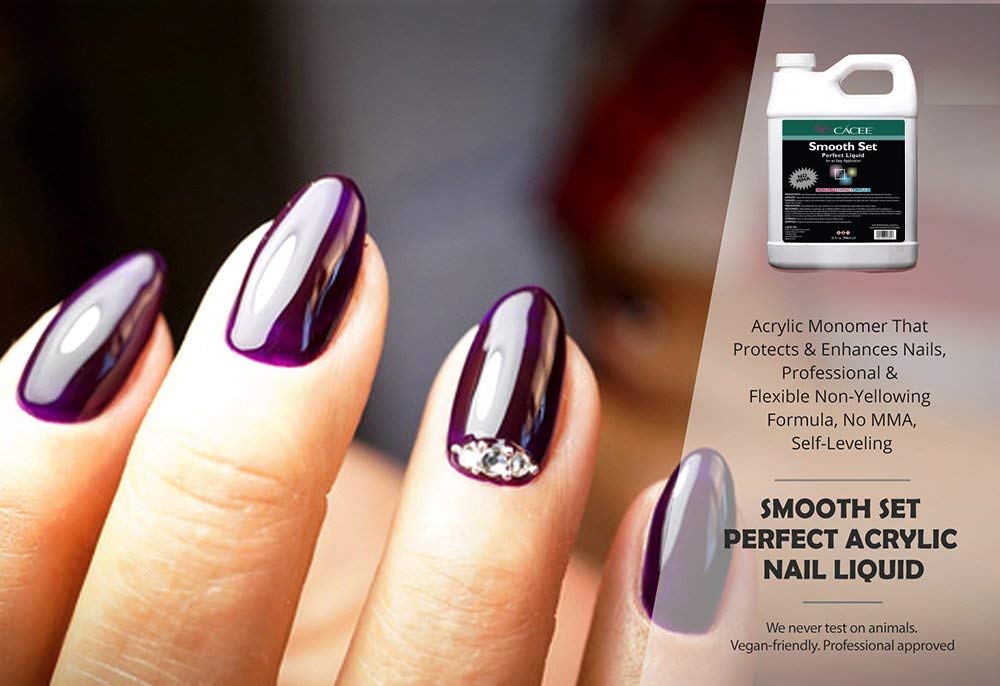Angle view of Cacee Smooth Set Perfect salon monomer bottle highlighting superior adhesion and low odor features.