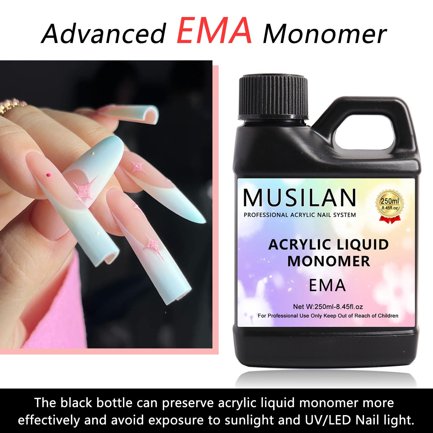 EMA based non yellowing nail monomer liquid for powder application