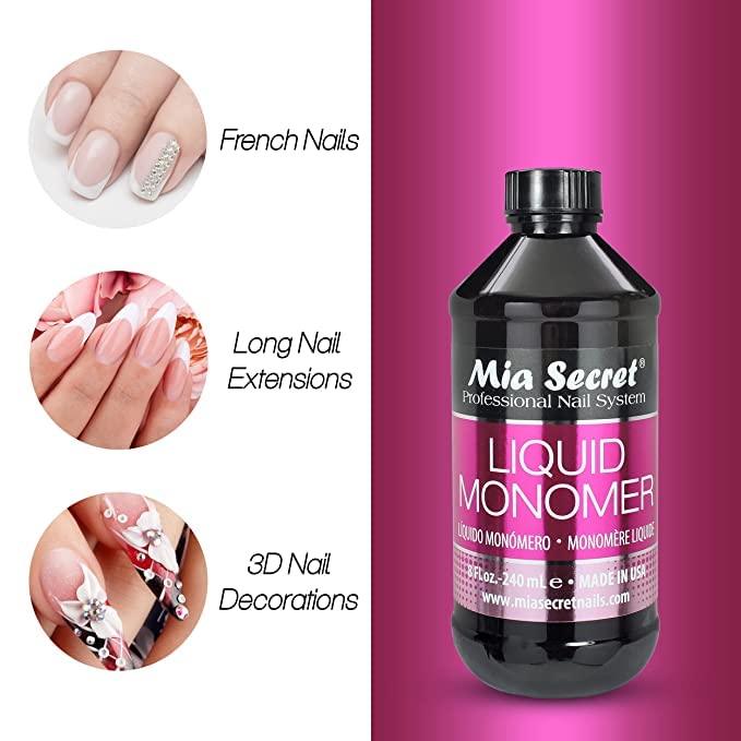 Mia Secret salon grade liquid monomer for safe cosmetic acrylic powder application.
