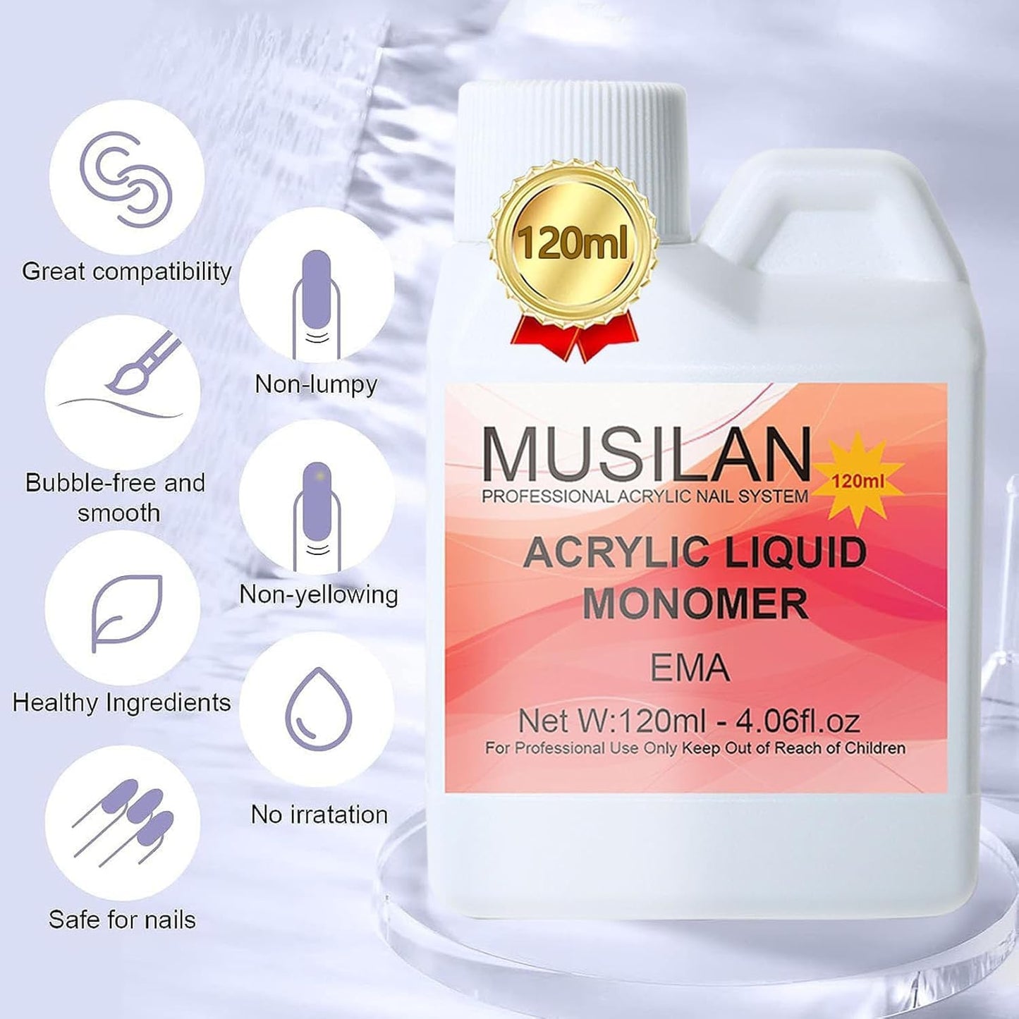 Four ounce bottle of MUSILAN liquid monomer alongside five pink nail sculpting brushes