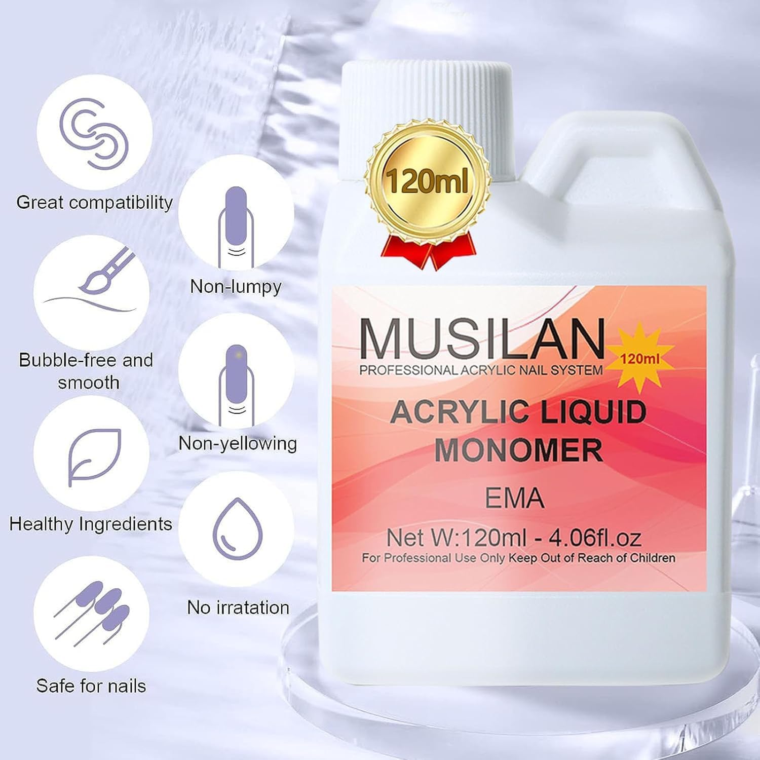 Four ounce bottle of MUSILAN liquid monomer alongside five pink nail sculpting brushes