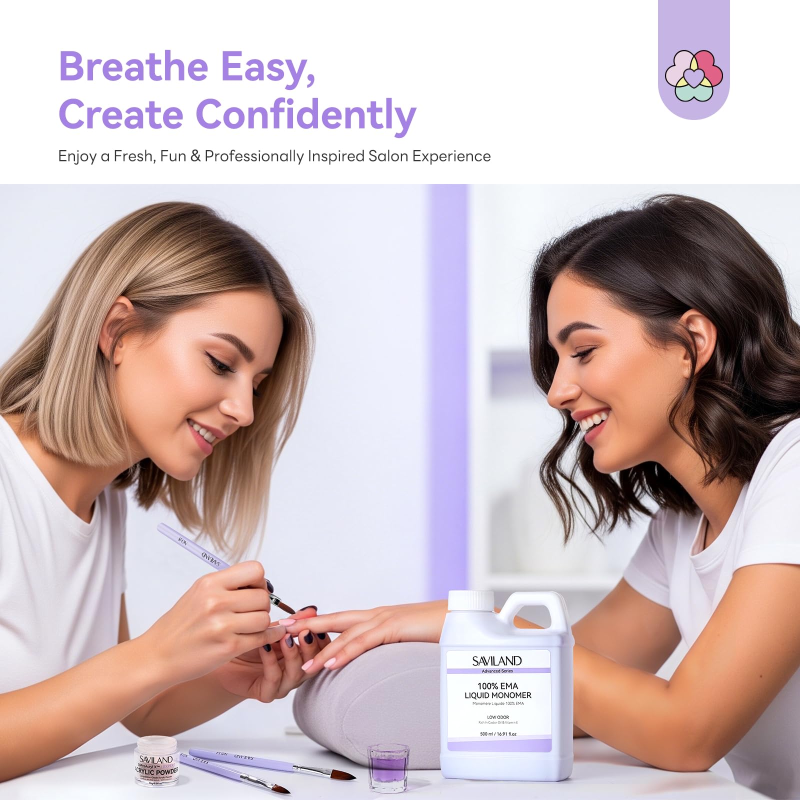 Saviland professional acrylic nail brushes in three sizes next to the clear glass dappen dish