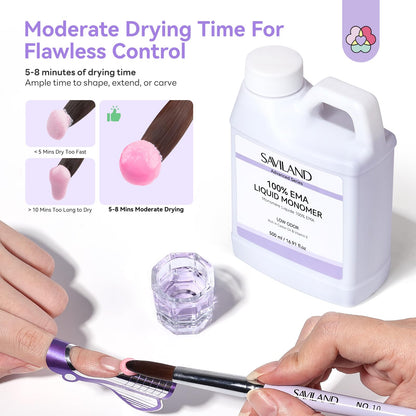 Close up view of the safe Methyl Methacrylate free Saviland salon monomer kit contents