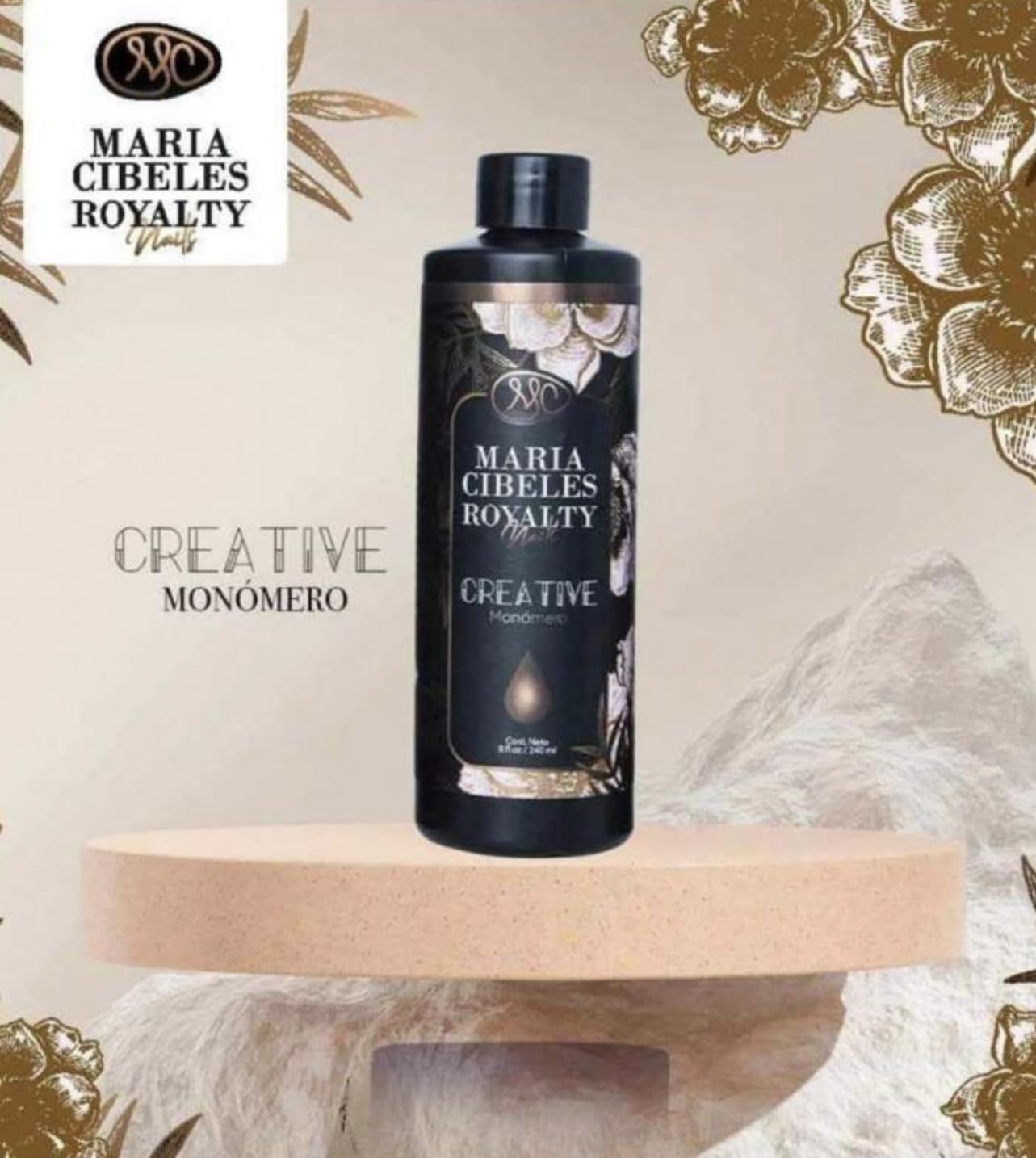Side angle view of the 8 Ounce Maria Cibeles Royalty acrylic nail liquid showcasing the fluid consistency and secure packaging.