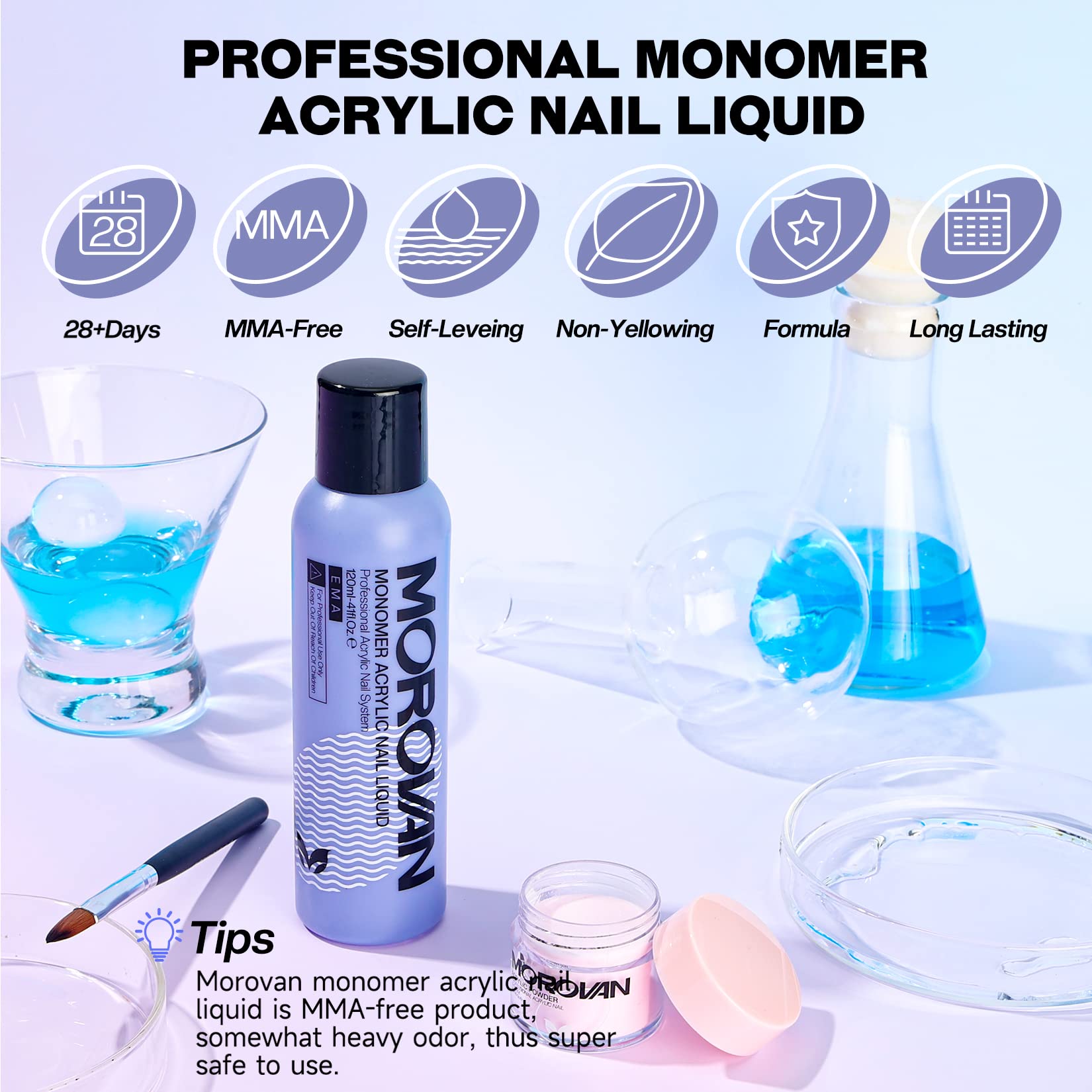 Morovan professional non yellowing monomer liquid shown with the included size ten acrylic nail brush.