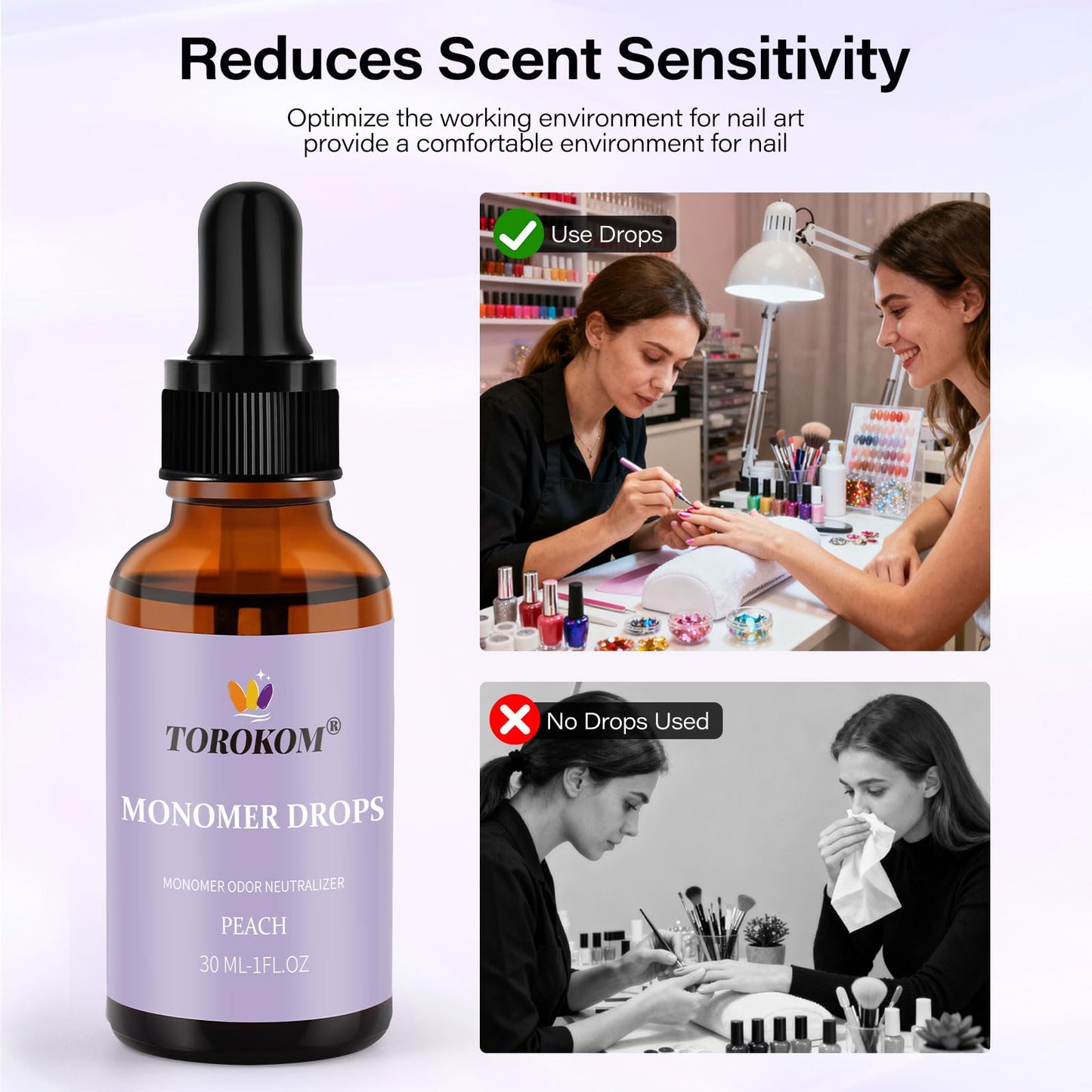 TOROKOM acrylic liquid deodorizer bottle showcasing the natural peach extract fragrance packaging