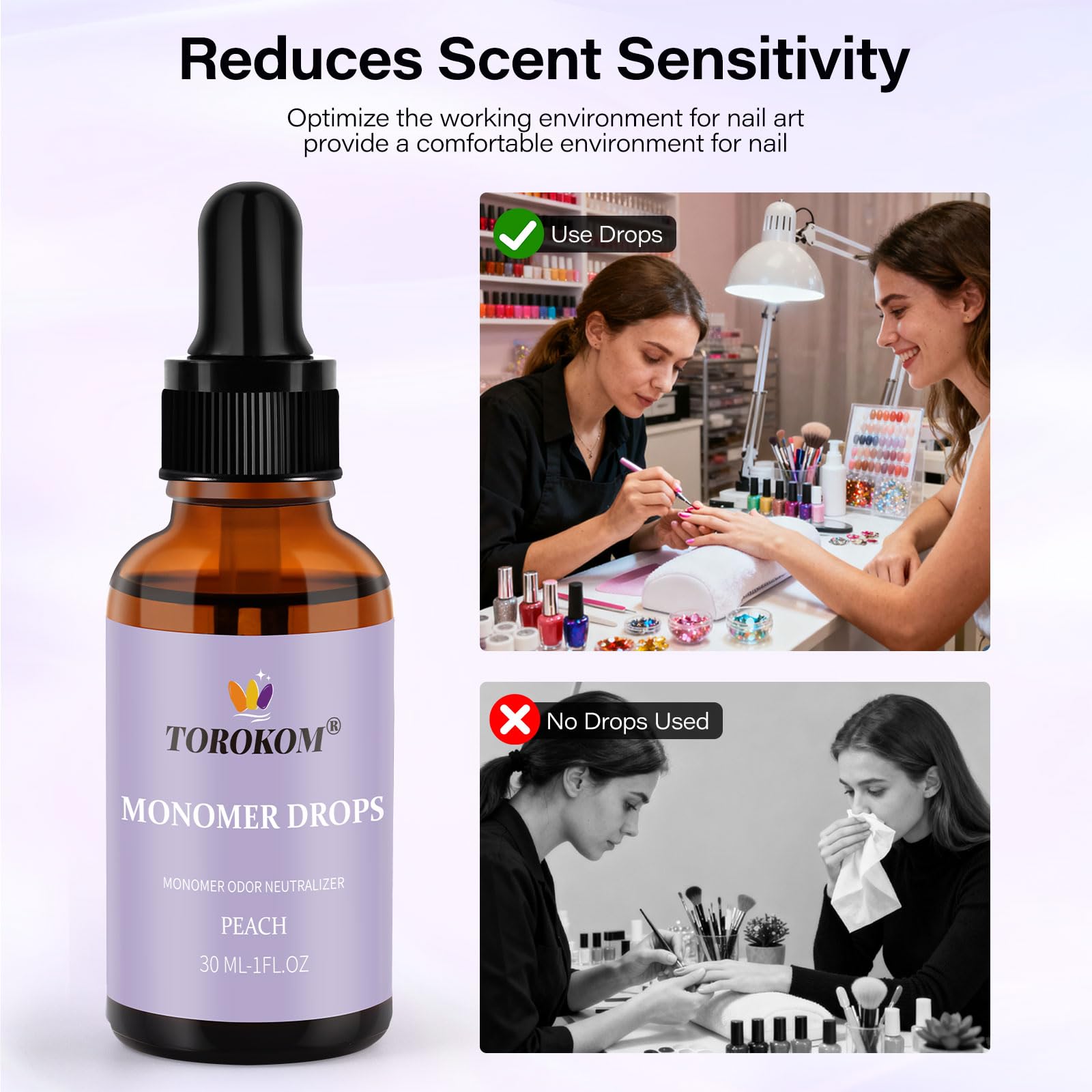 TOROKOM acrylic liquid deodorizer bottle showcasing the natural peach extract fragrance packaging