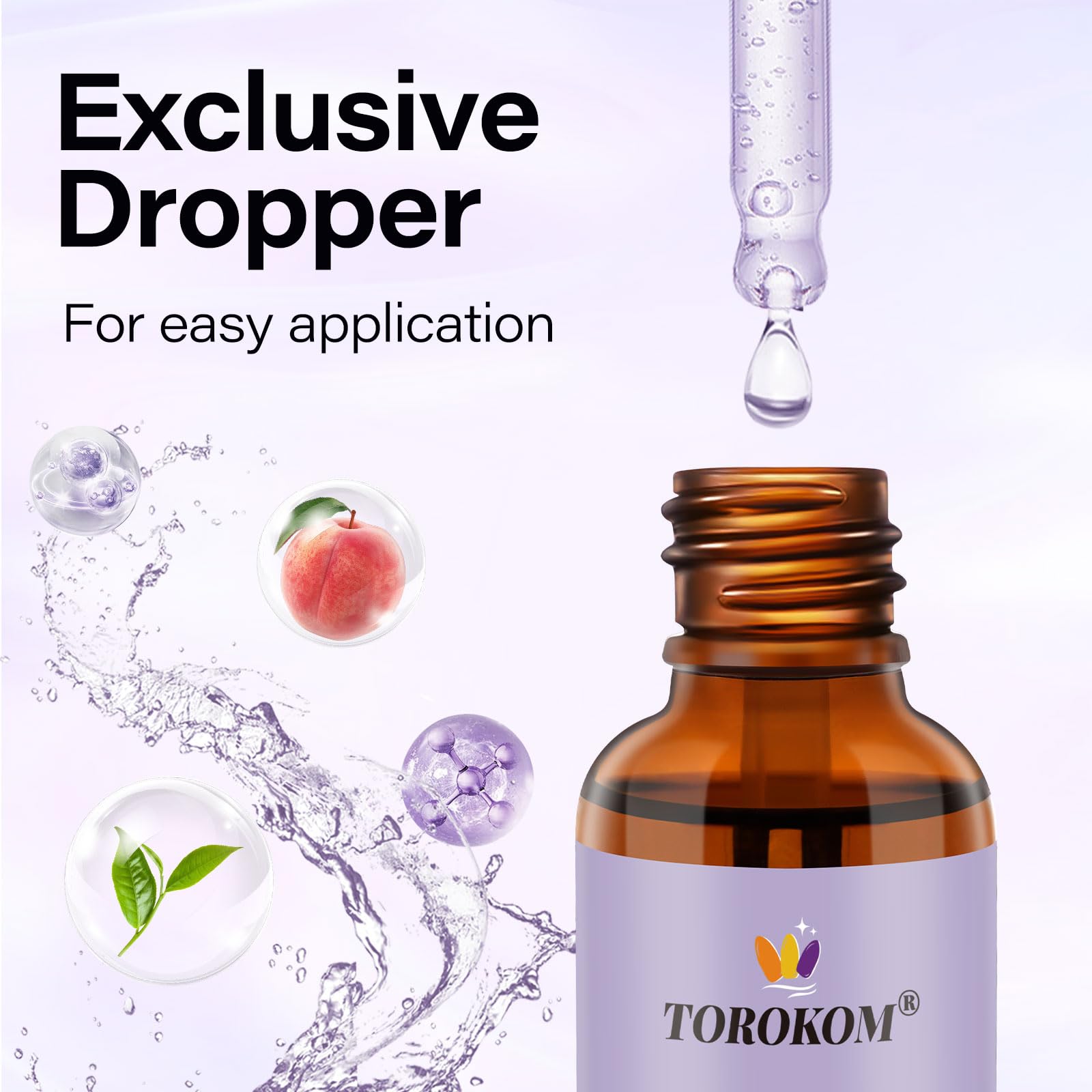 Close up view of the precise dropper tube design dispensing peach aroma liquid monomer neutralizer