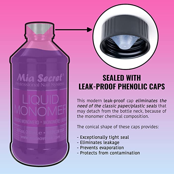 Mia Secret non-yellowing liquid monomer bottle for professional artificial nail extensions.