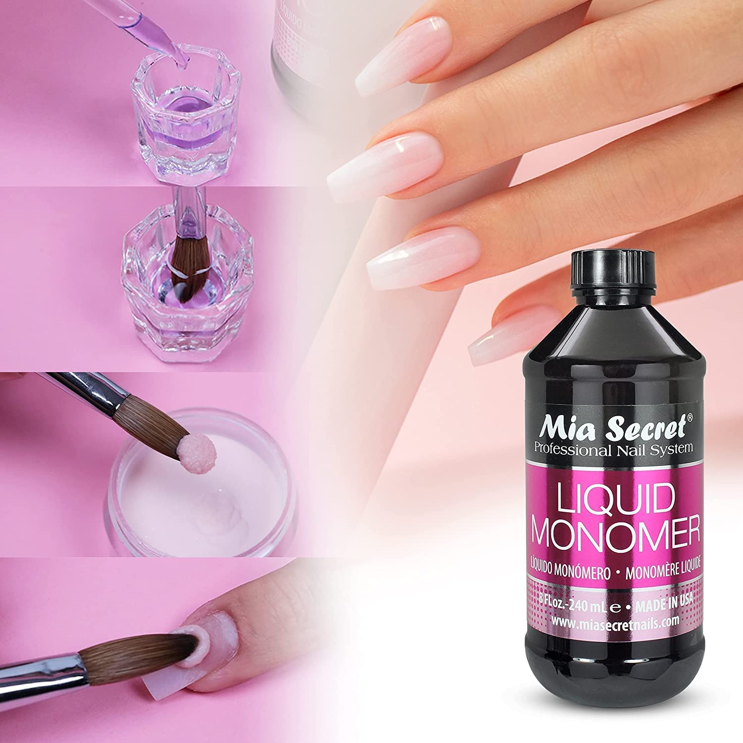 Authentic USA imported Mia Secret acrylic liquid monomer fluid bottle setup for nail salons.