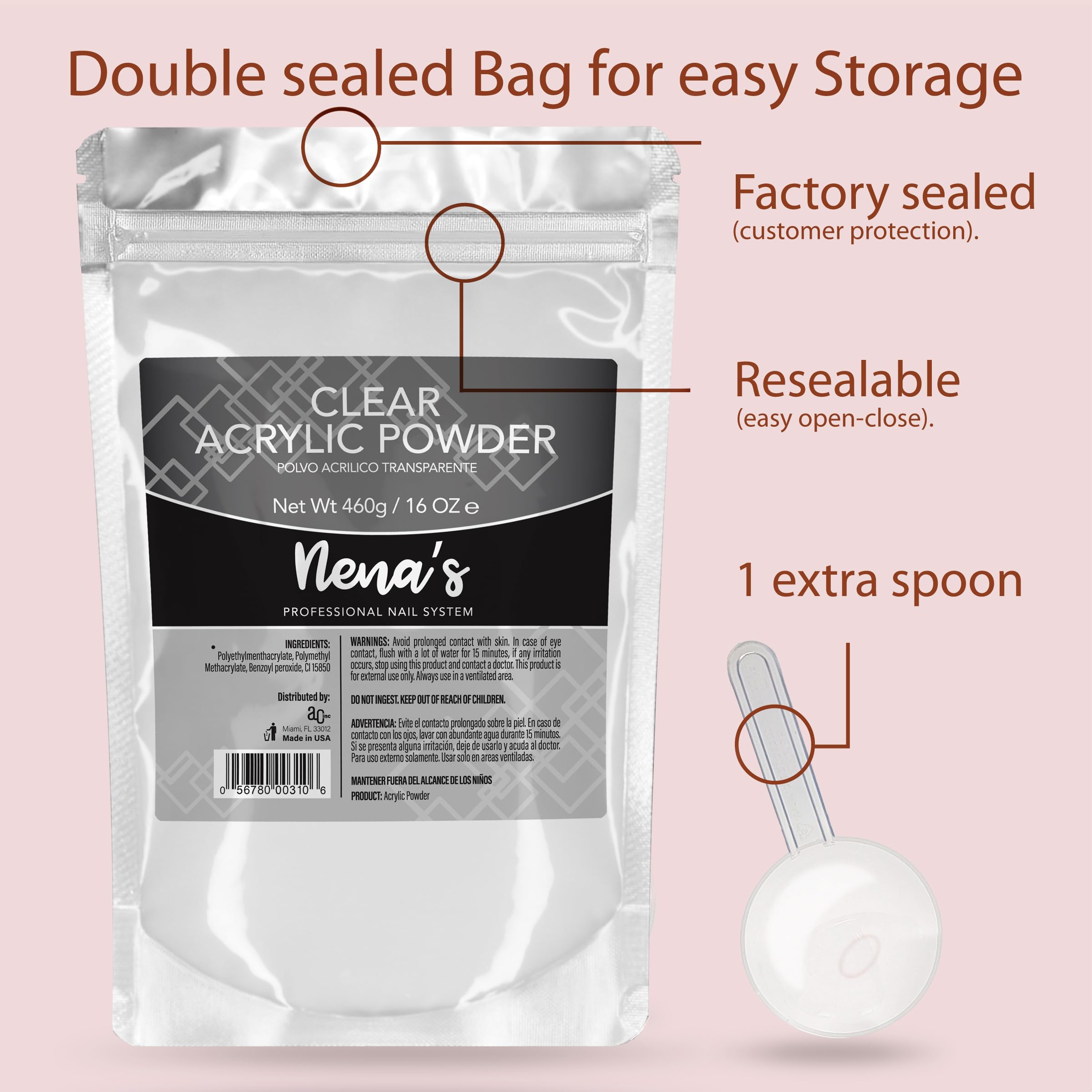 Nena's non-yellowing liquid monomer and fine acrylic powder packaging details