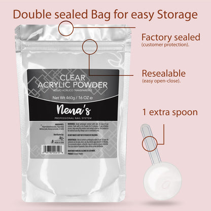 Nena's non-yellowing liquid monomer and fine acrylic powder packaging details