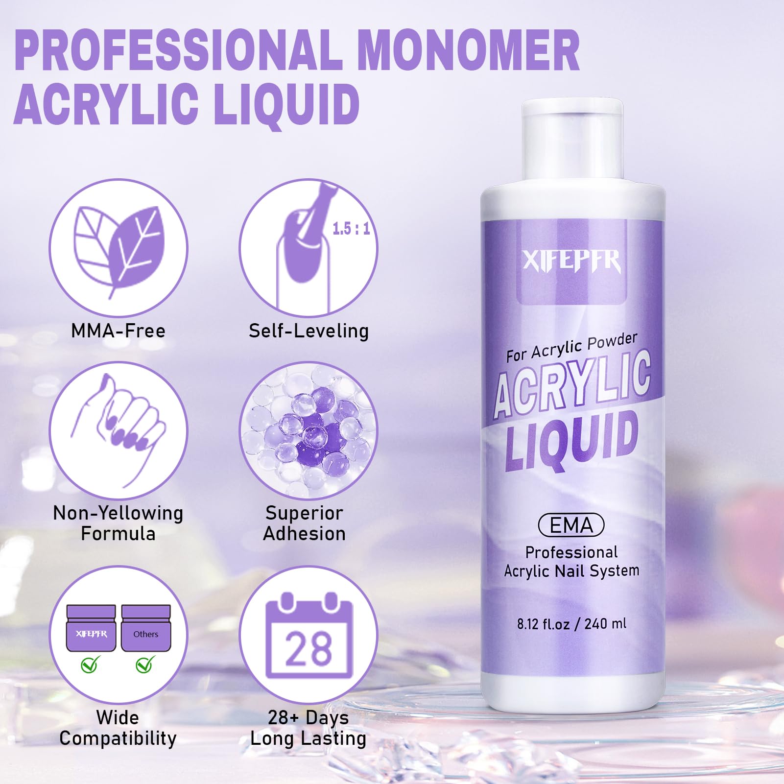 Purple professional acrylic monomer fluid inside a transparent glass dappen dish.
