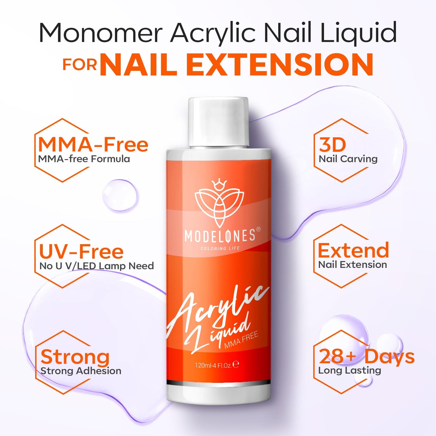 Modelones acrylic monomer liquid bottle showing the MMA free safety label