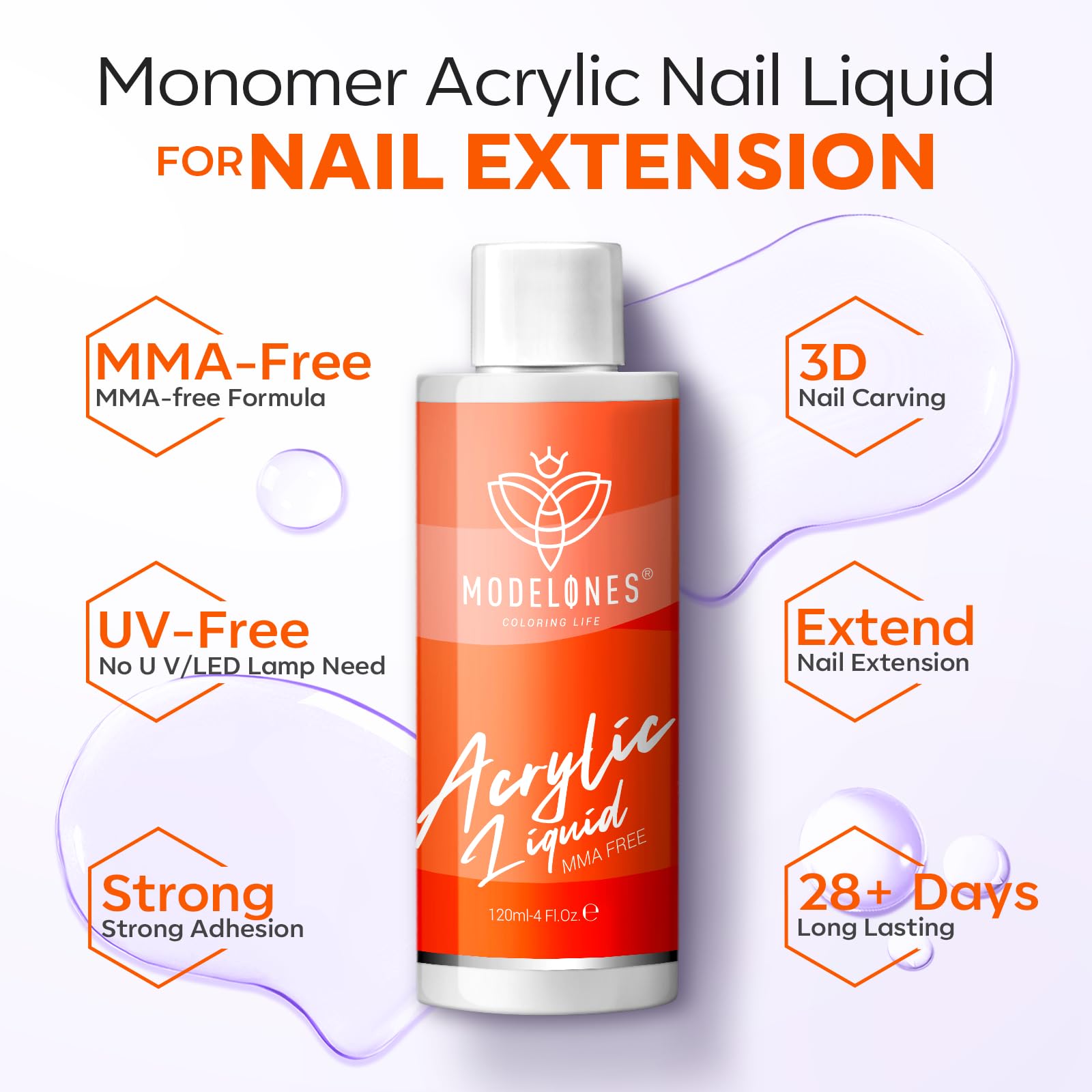 Modelones acrylic monomer liquid bottle showing the MMA free safety label