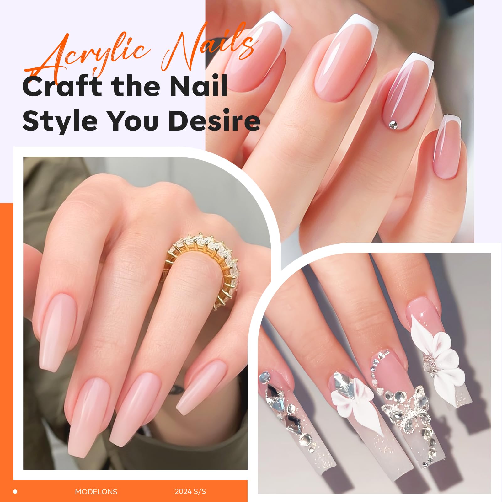 Modelones professional liquid monomer next to clear acrylic powder extensions