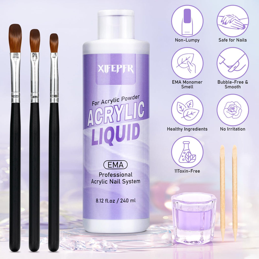 Xifepfr nail liquid bottle displayed alongside acrylic application tools