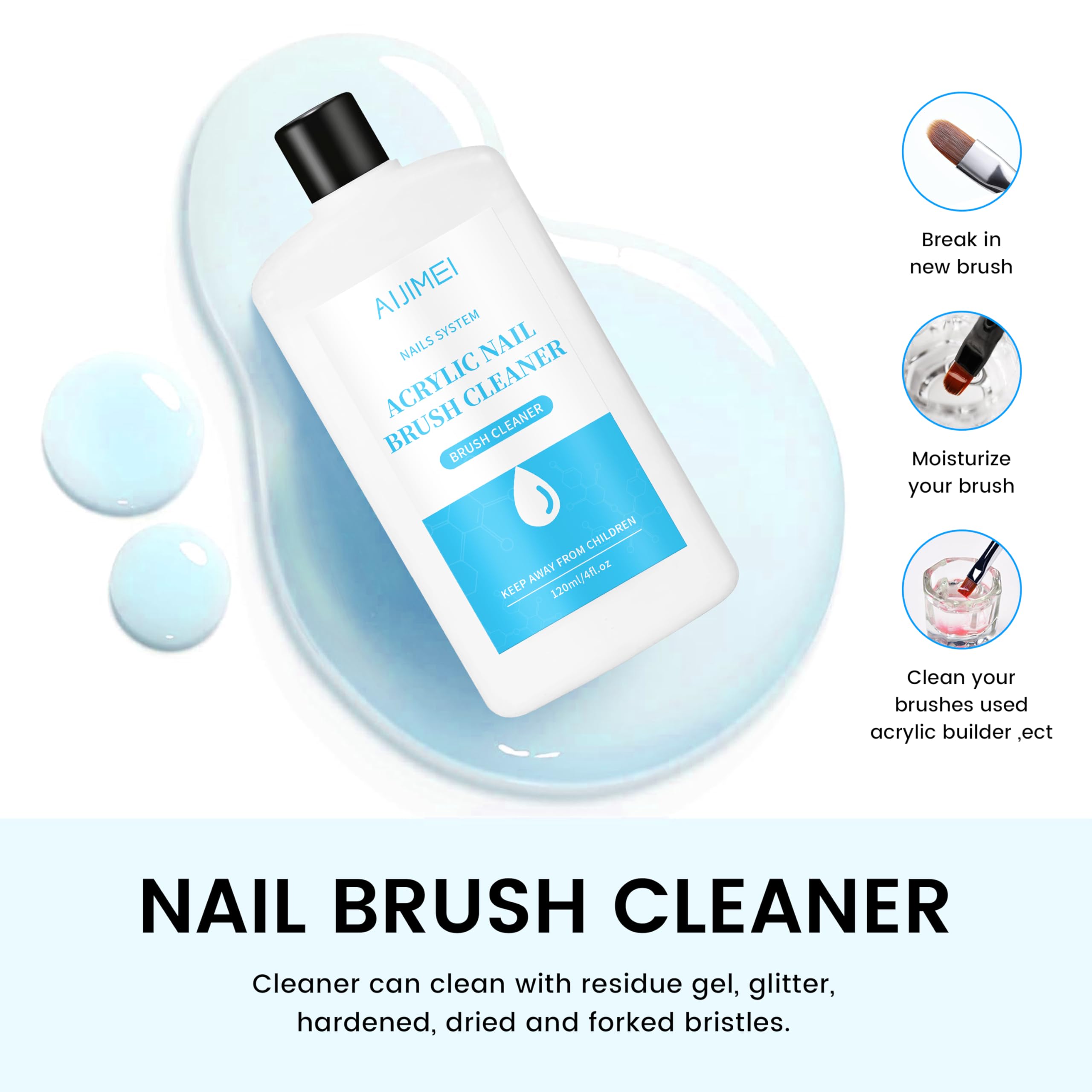 Acrylic brush cleaning solution bottle highlighting instructions and capacity