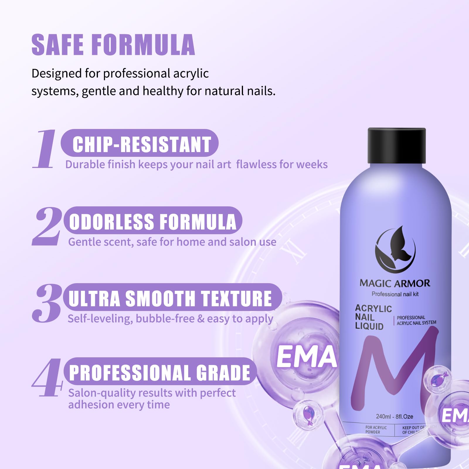 Magic Armor salon grade acrylic monomer liquid bottle showing the MMA-free and non-yellowing label details.