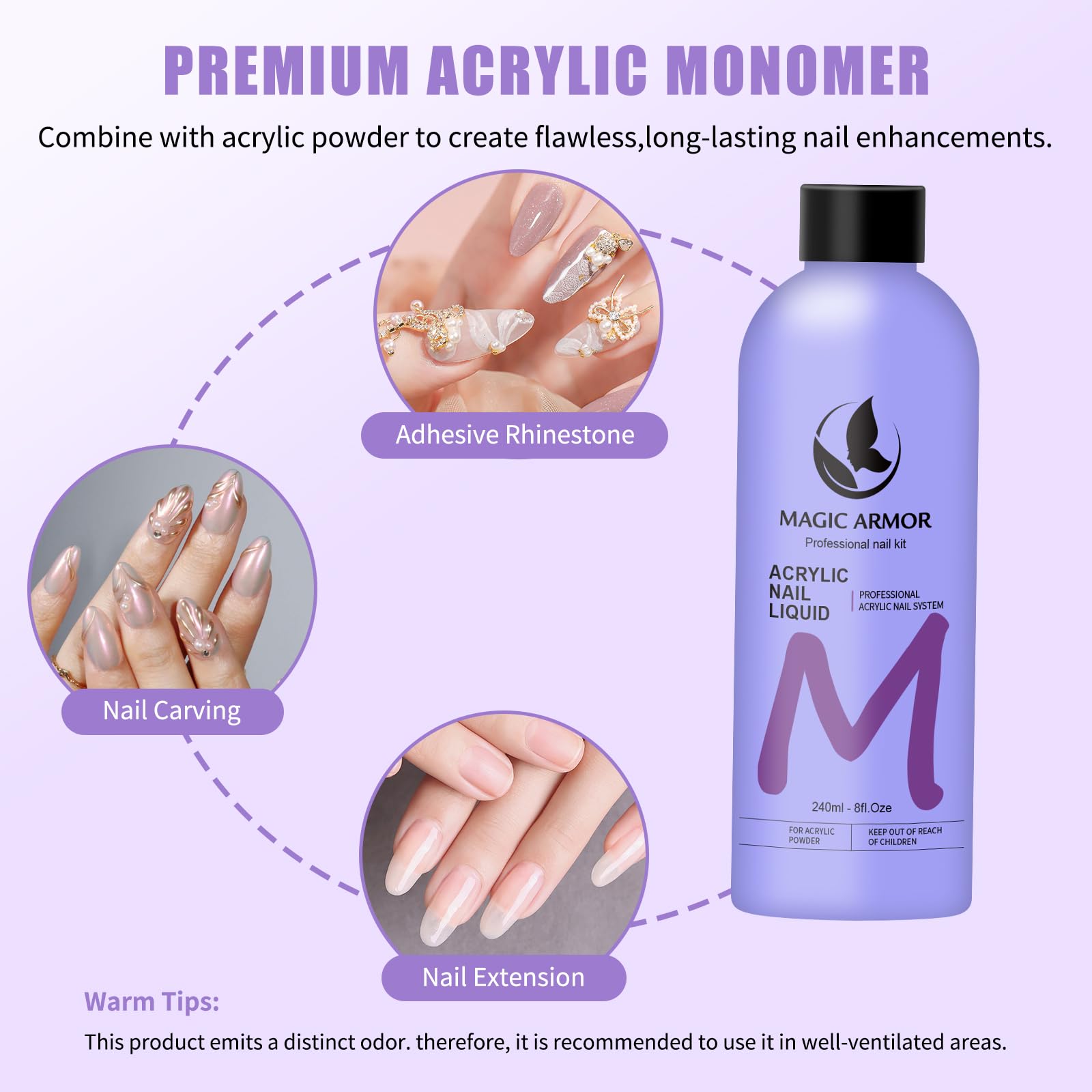 Three sizes of premium acrylic nail brushes arranged next to an eight fluid ounce monomer liquid bottle.