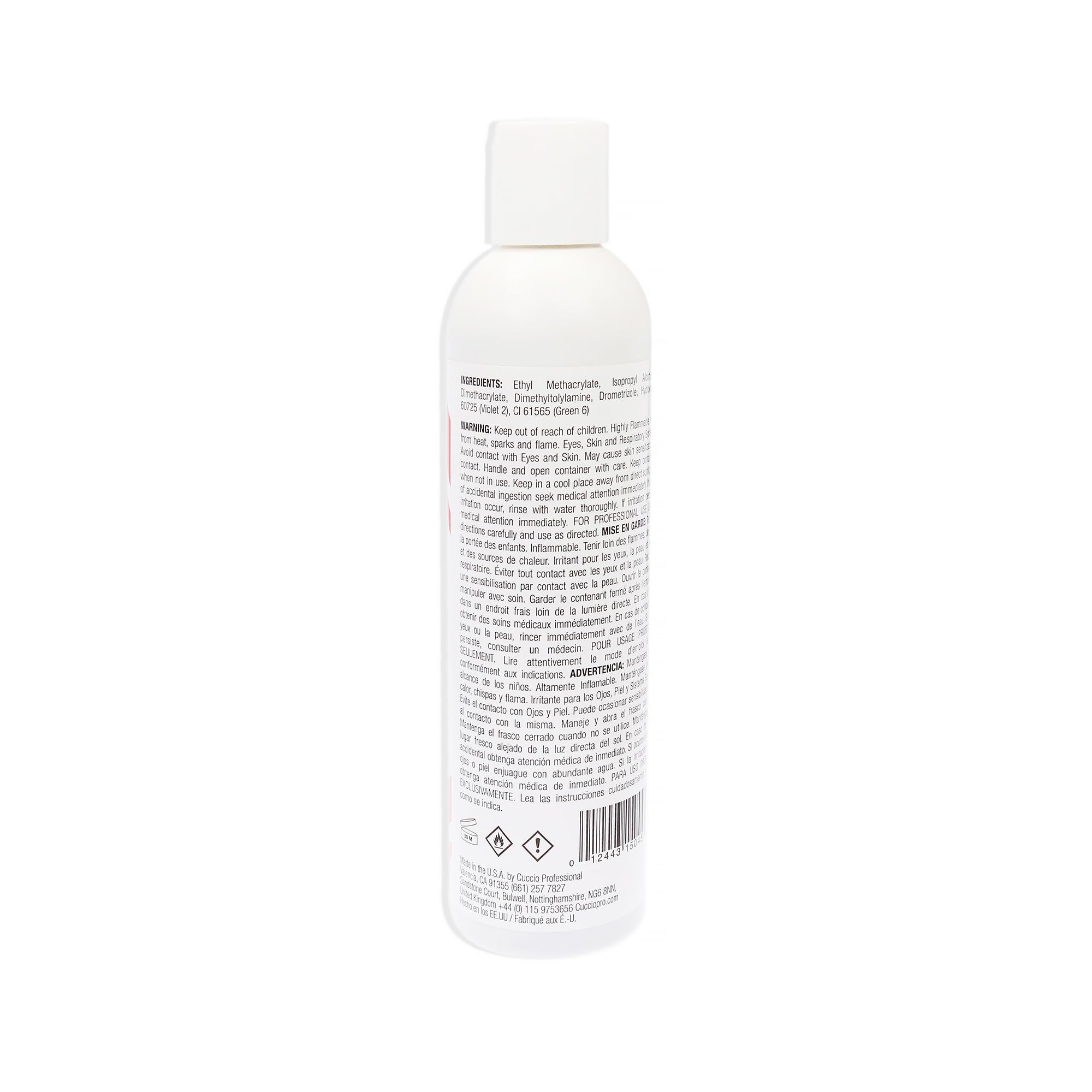 Authentic salon grade clear liquid monomer packaging displaying product size and UV inhibitor details.