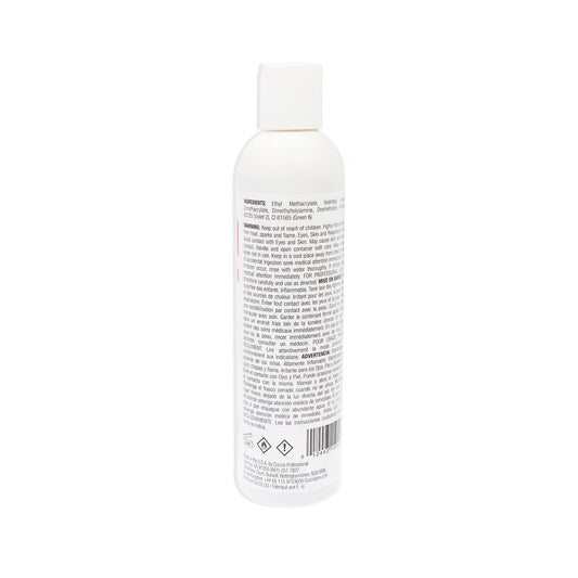 Authentic salon grade clear liquid monomer packaging displaying product size and UV inhibitor details.