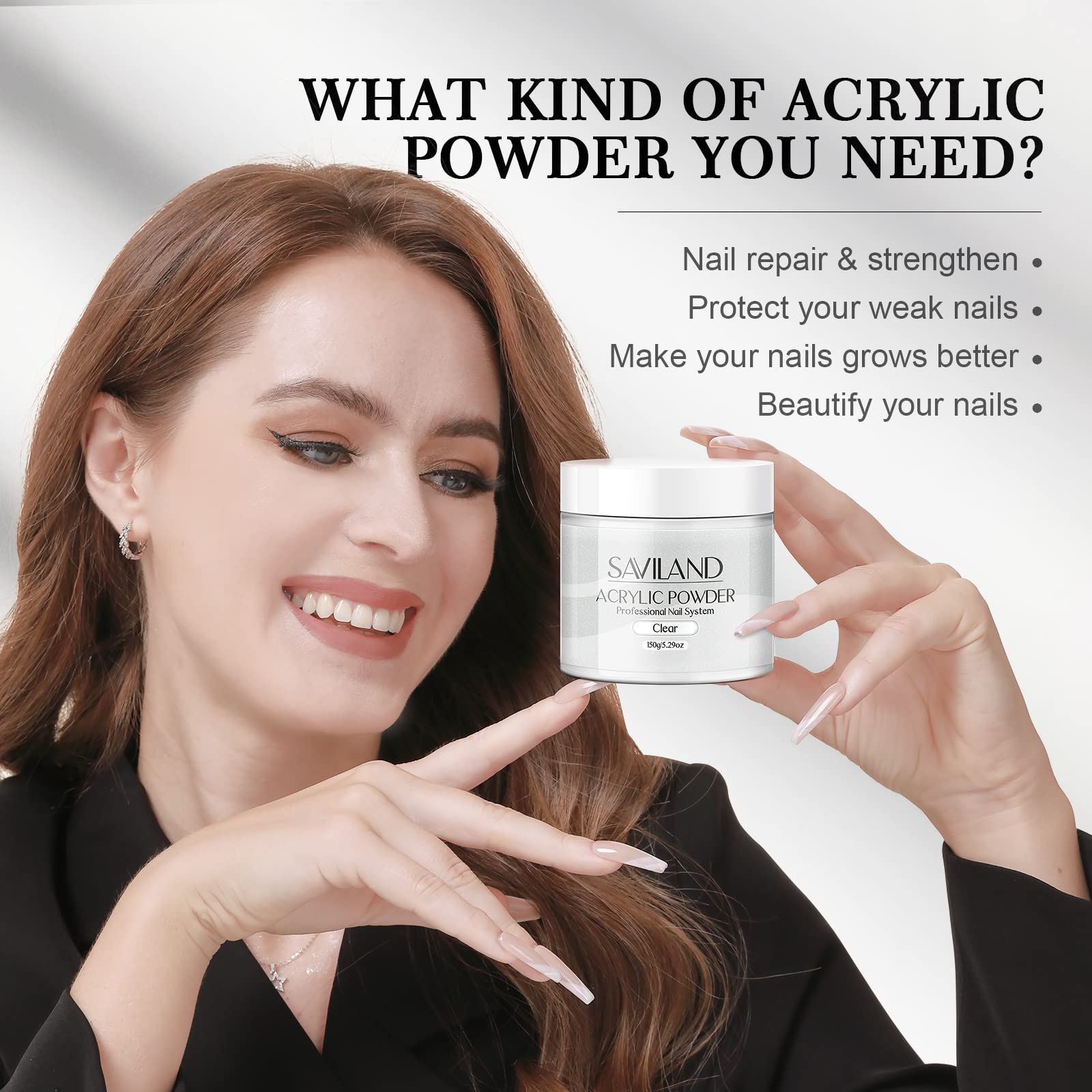 Saviland acrylic powder jar showing 150 gram capacity label