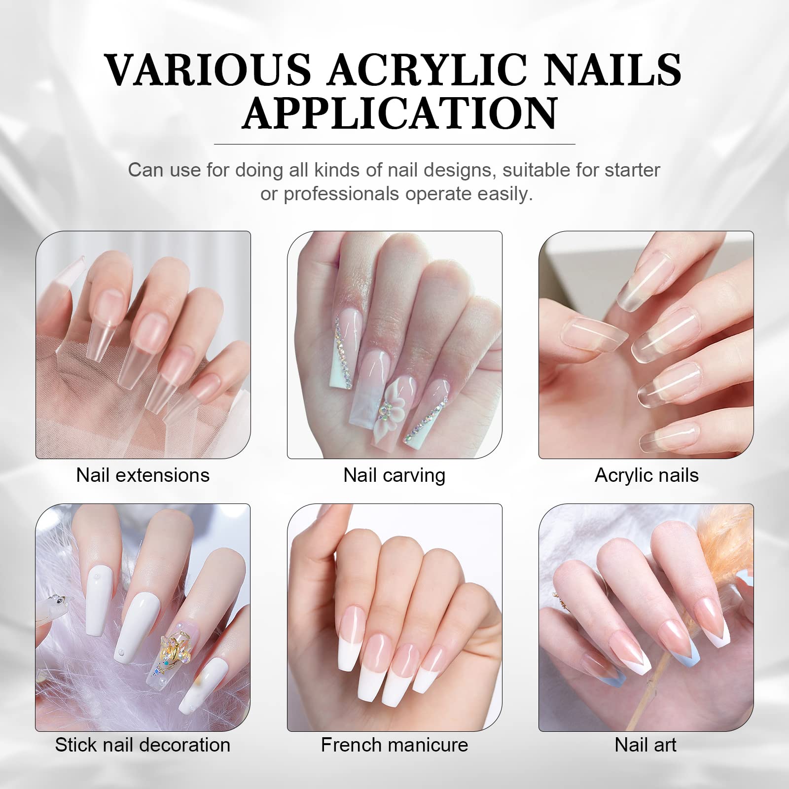 Professional manicure tools featuring Saviland clear acrylic powder