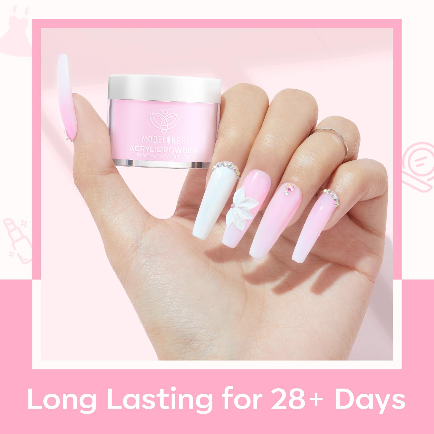 Close up of milky white and pink jelly acrylic powder shades