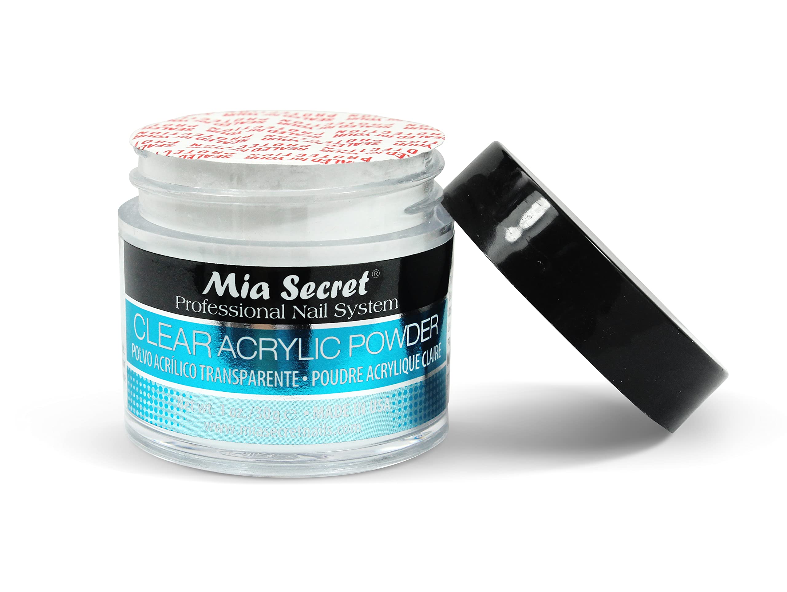 Side view of Mia Secret professional clear acrylic powder packaging highlighting the manufactured in USA seal