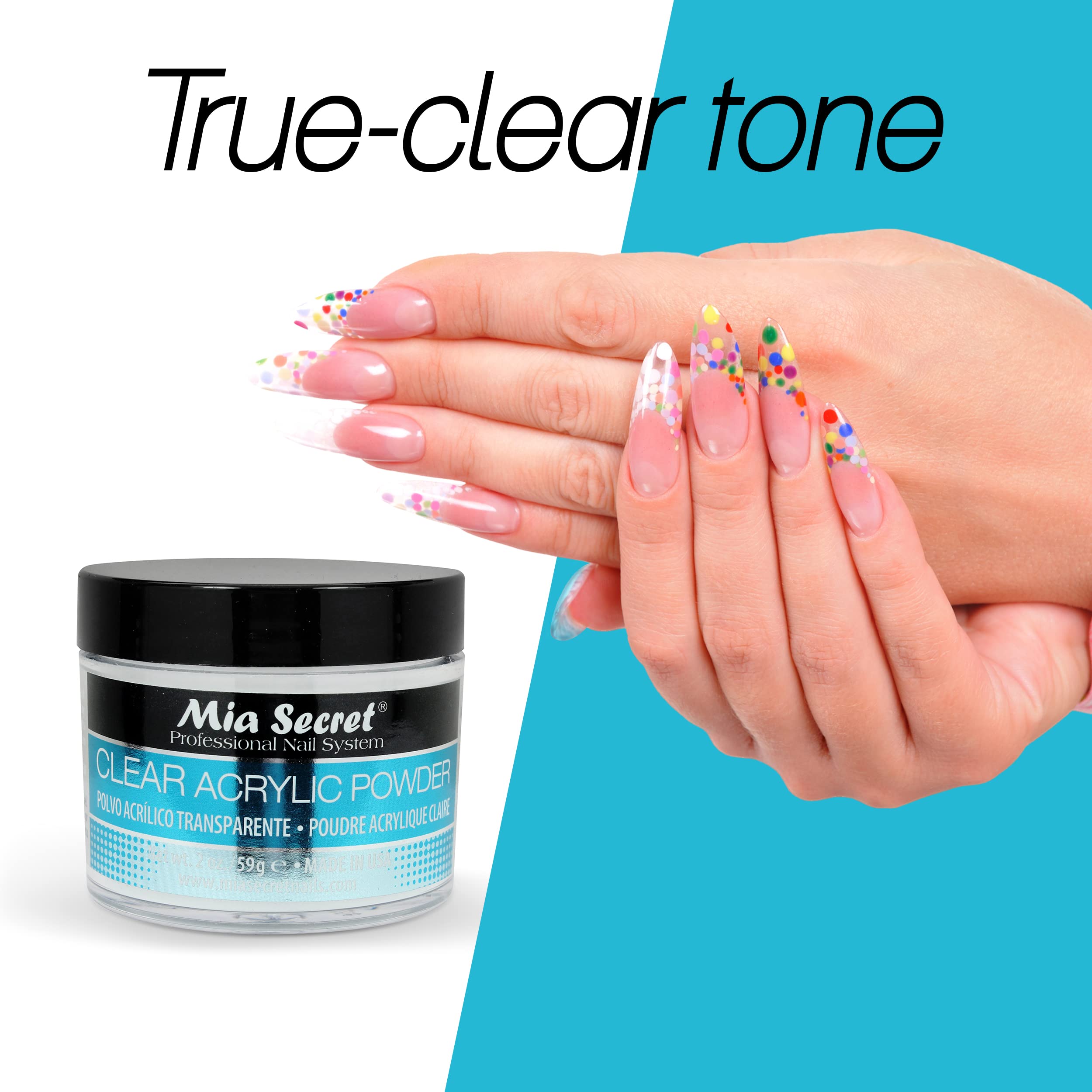 Mia Secret nail system clear acrylic powder next to professional monomer liquid on a clean workstation