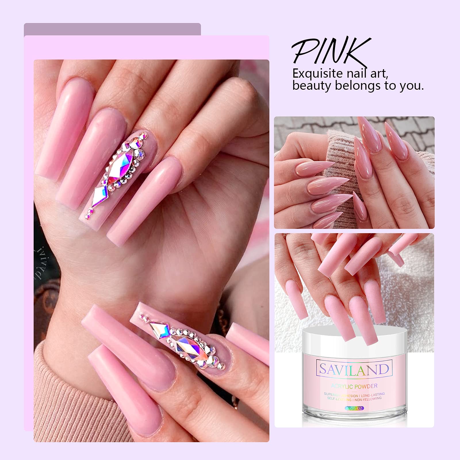 Saviland pink polymer powder jar packaging and branding