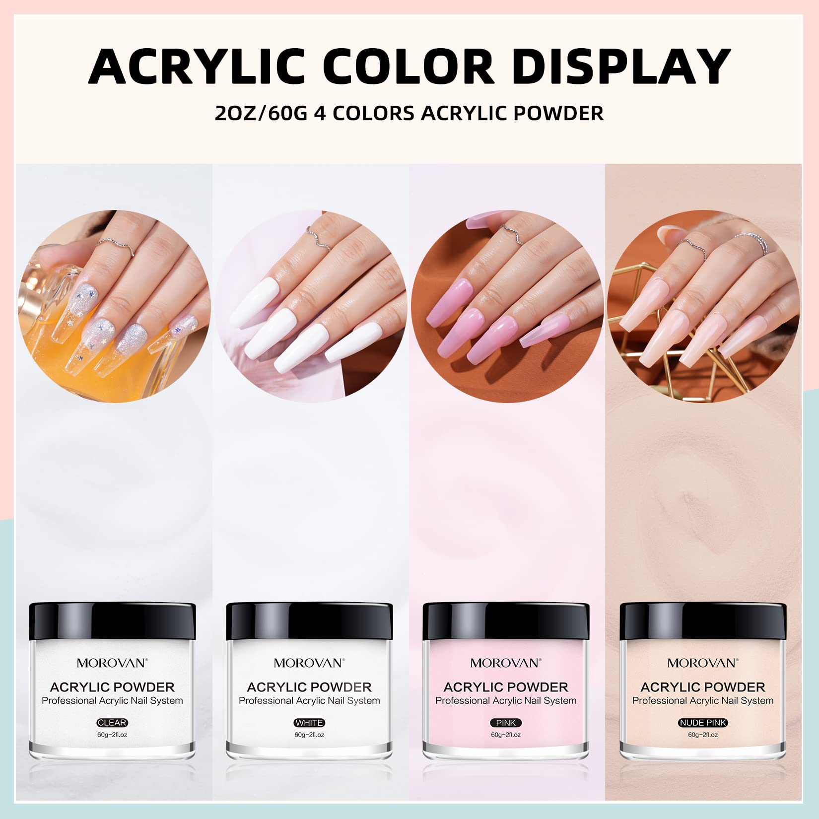 Handheld view of Morovan acrylic nail supplies