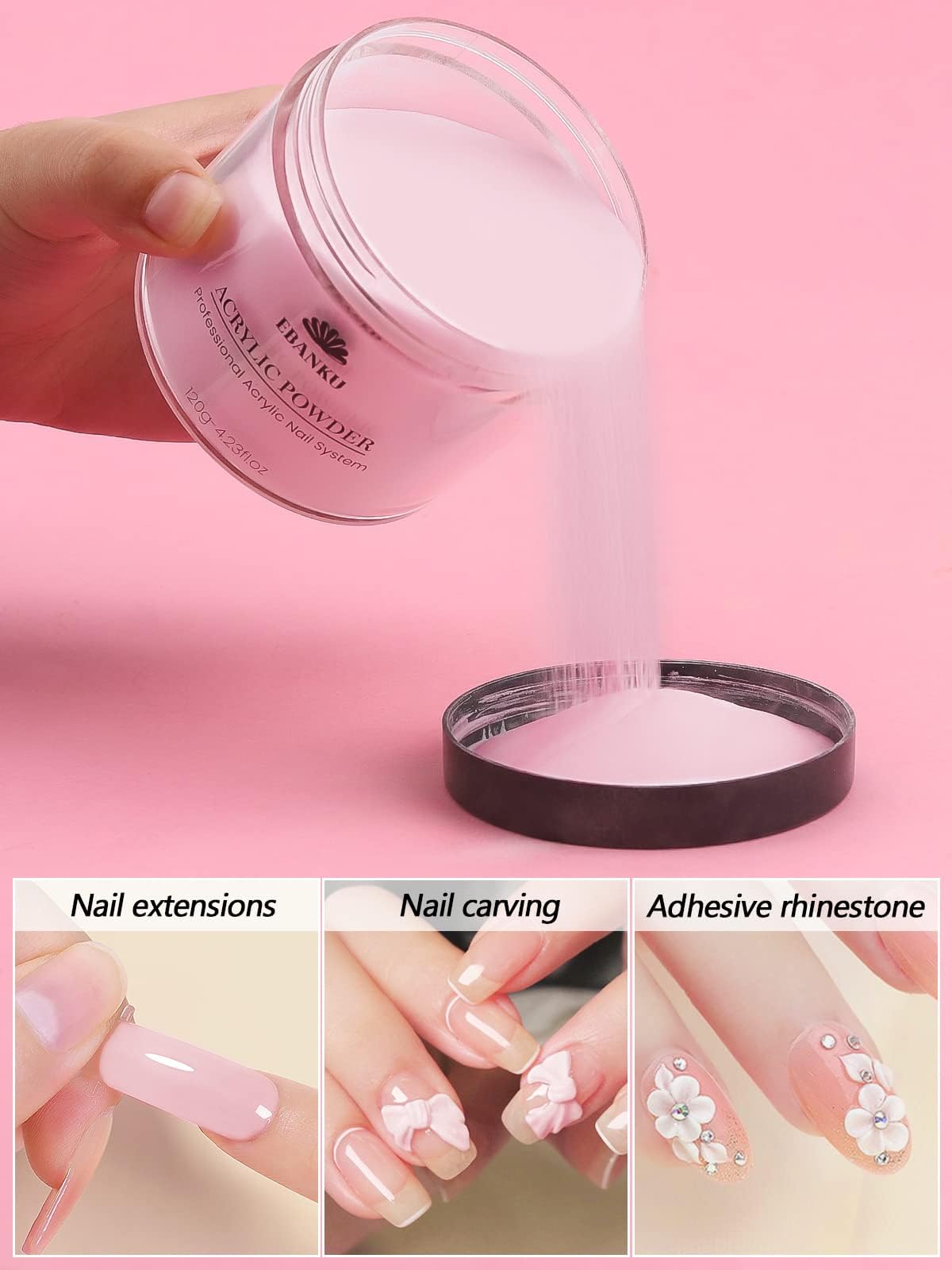 Top view of Ebanku pink acrylic powder jar label and size