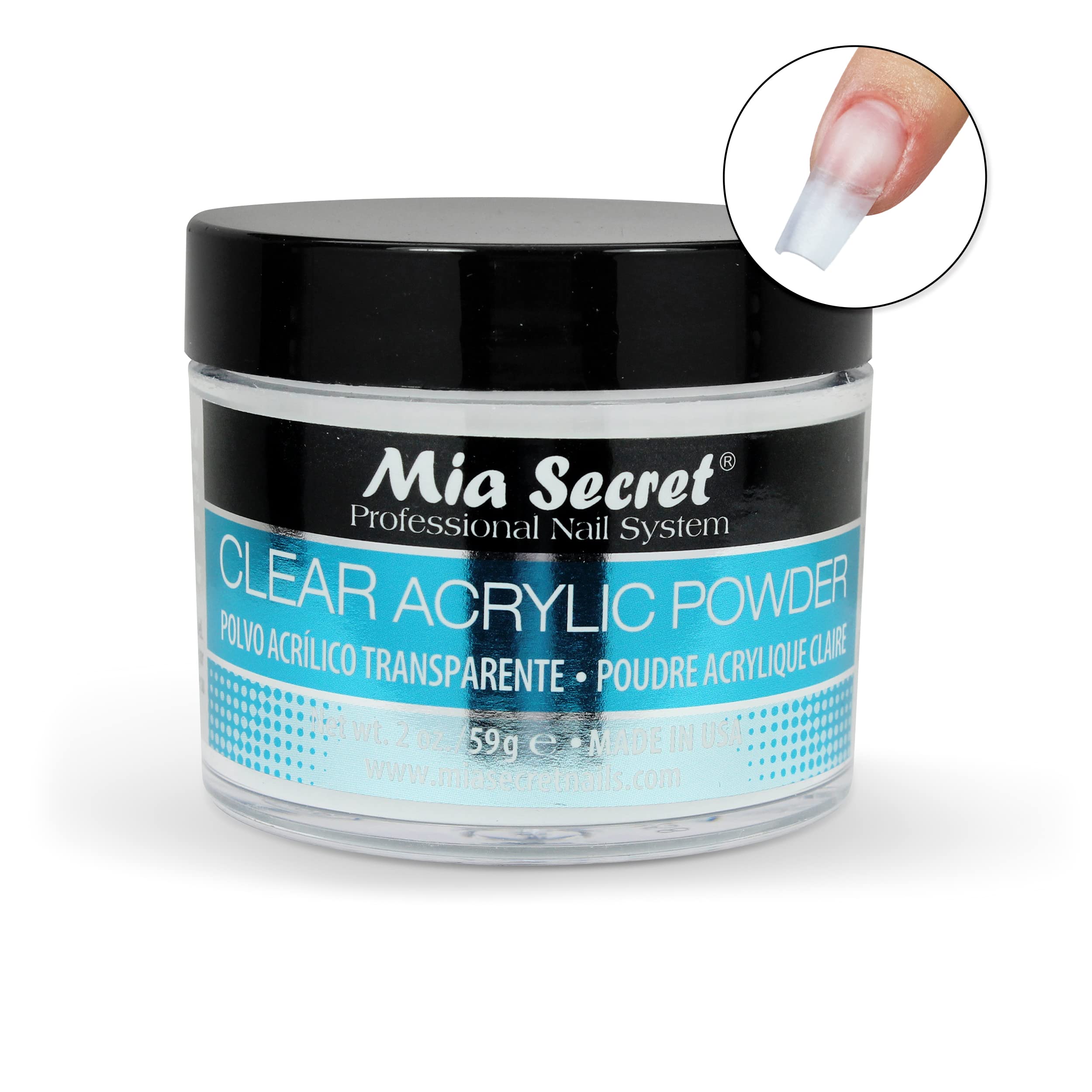 Mia Secret Clear Acrylic Powder two ounce tub shown angled on white background