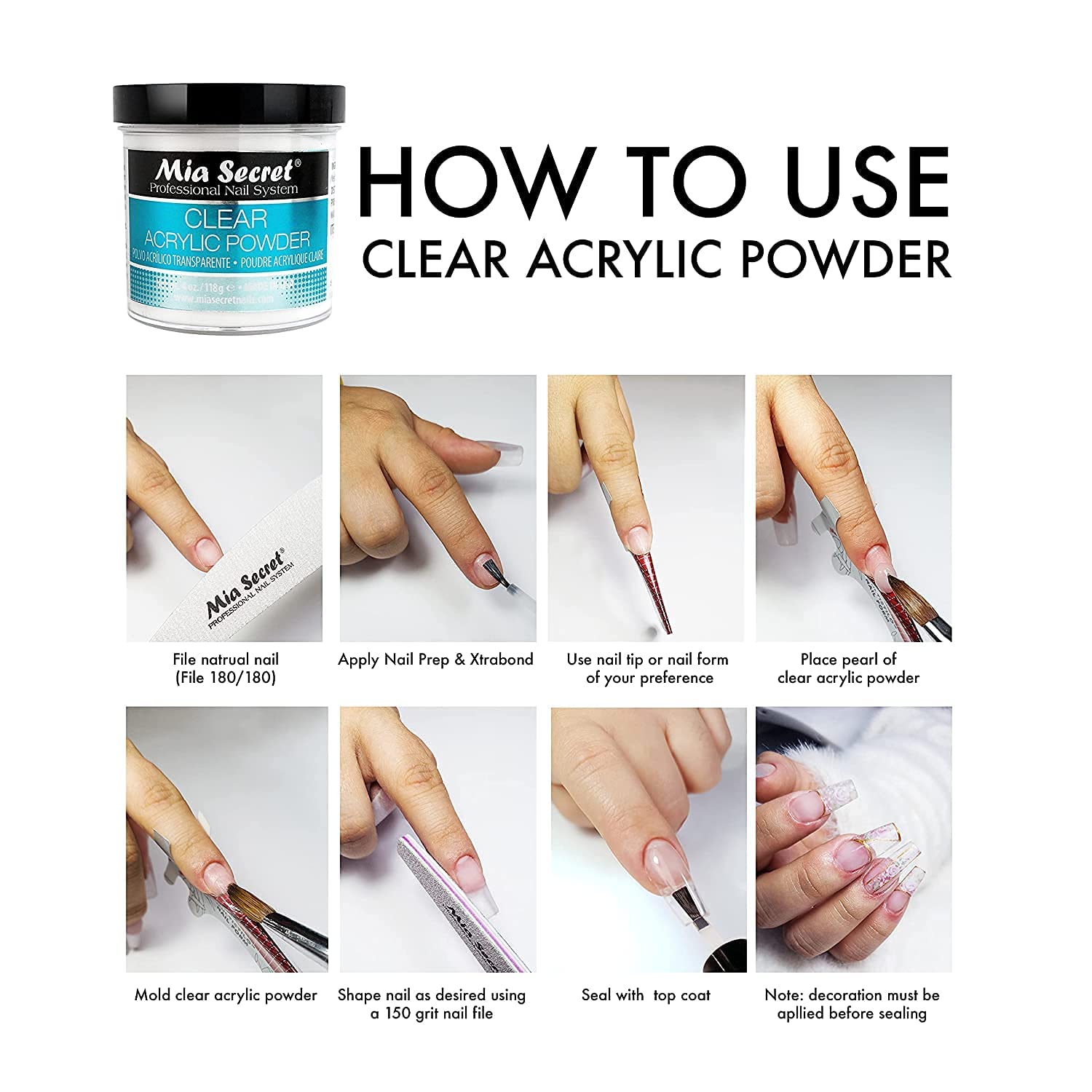 Mia Secret Clear Acrylic Powder texture closeup showing fine white polymer particles