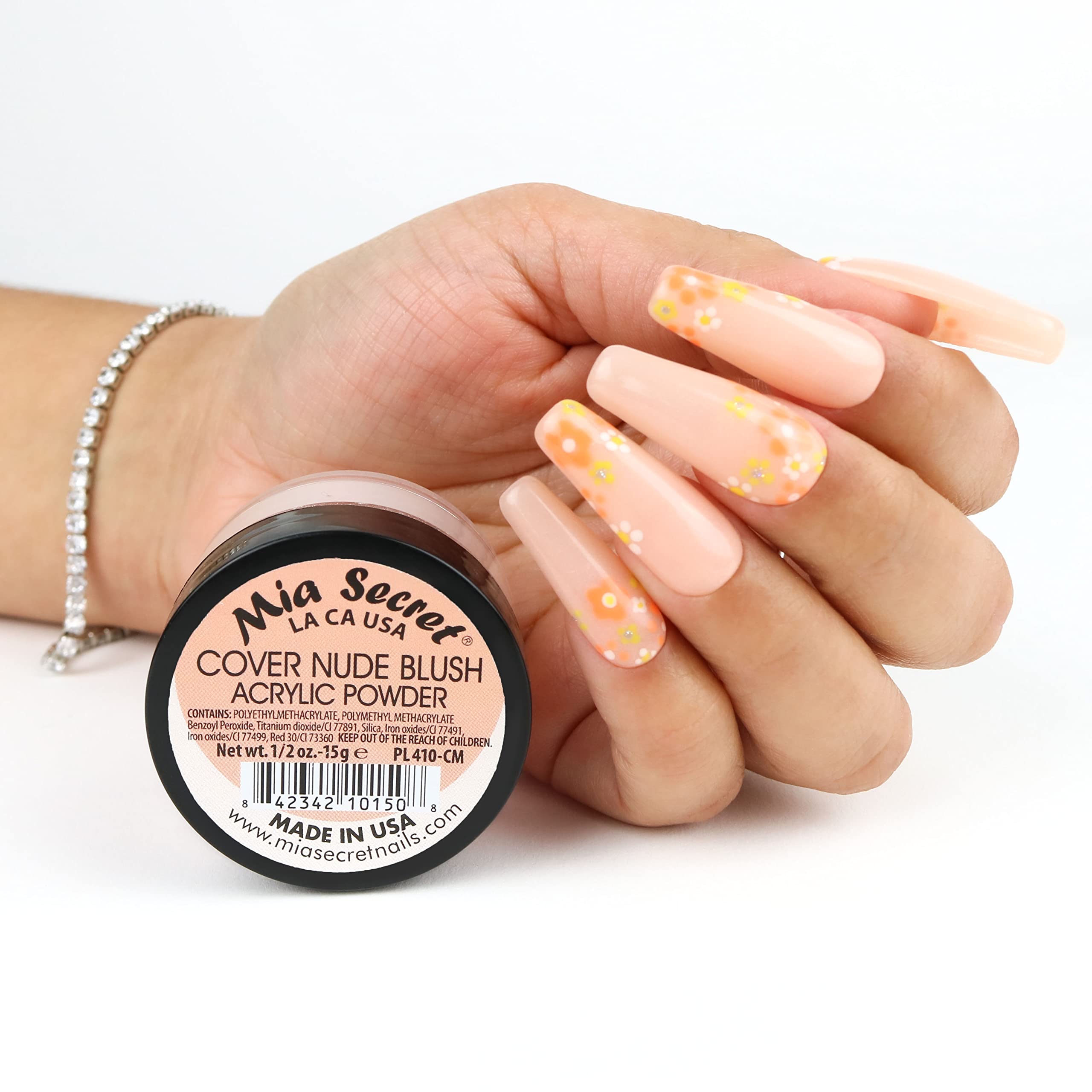 Authentic Mia Secret sculpting acrylic powder in soft nude blush tone showing professional container packaging.