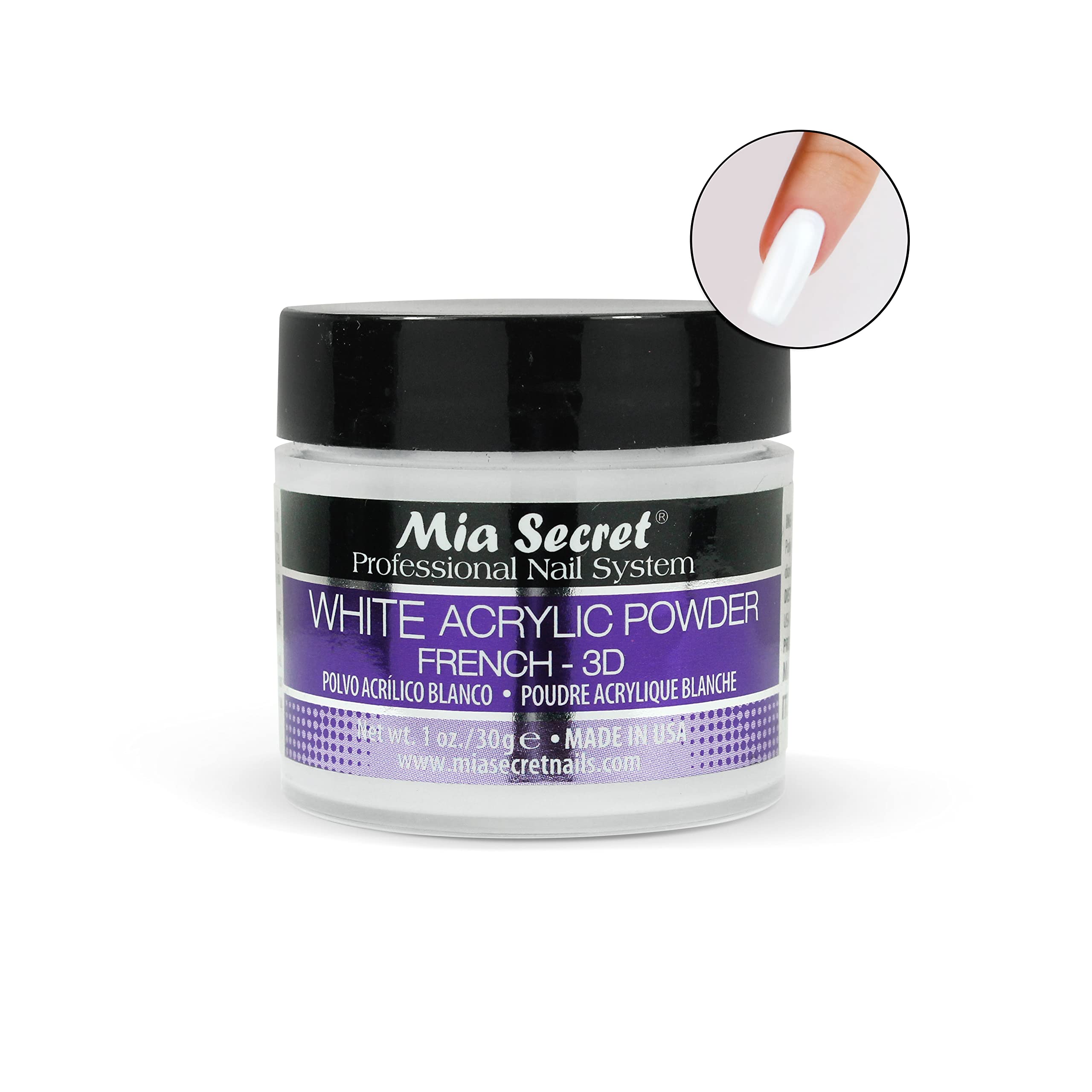 Side angle of the 1 Ounce jar of Mia Secret White Acrylic Nail Powder detailing label instructions.