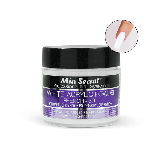 Side angle of the 1 Ounce jar of Mia Secret White Acrylic Nail Powder detailing label instructions.