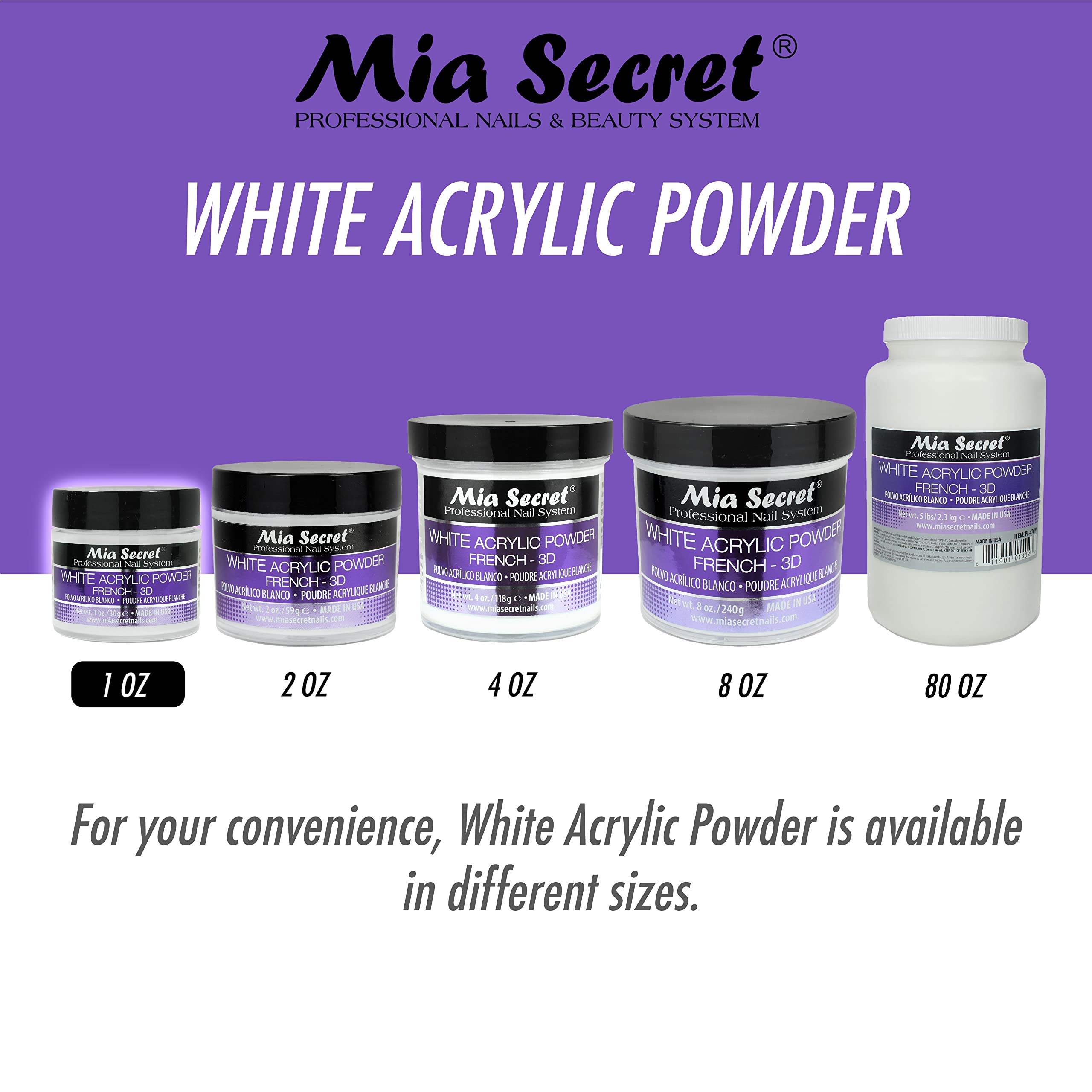 Top view of the opened Mia Secret jar displaying the fine texture of the white polymer powder.