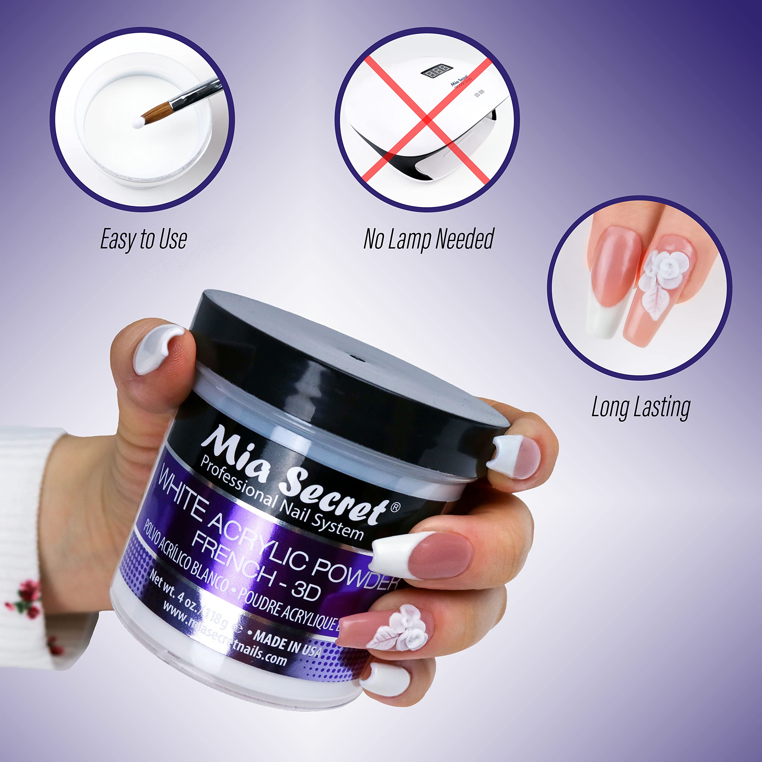 Mia Secret White Acrylic Powder jar alongside a sculpted French manicure example.
