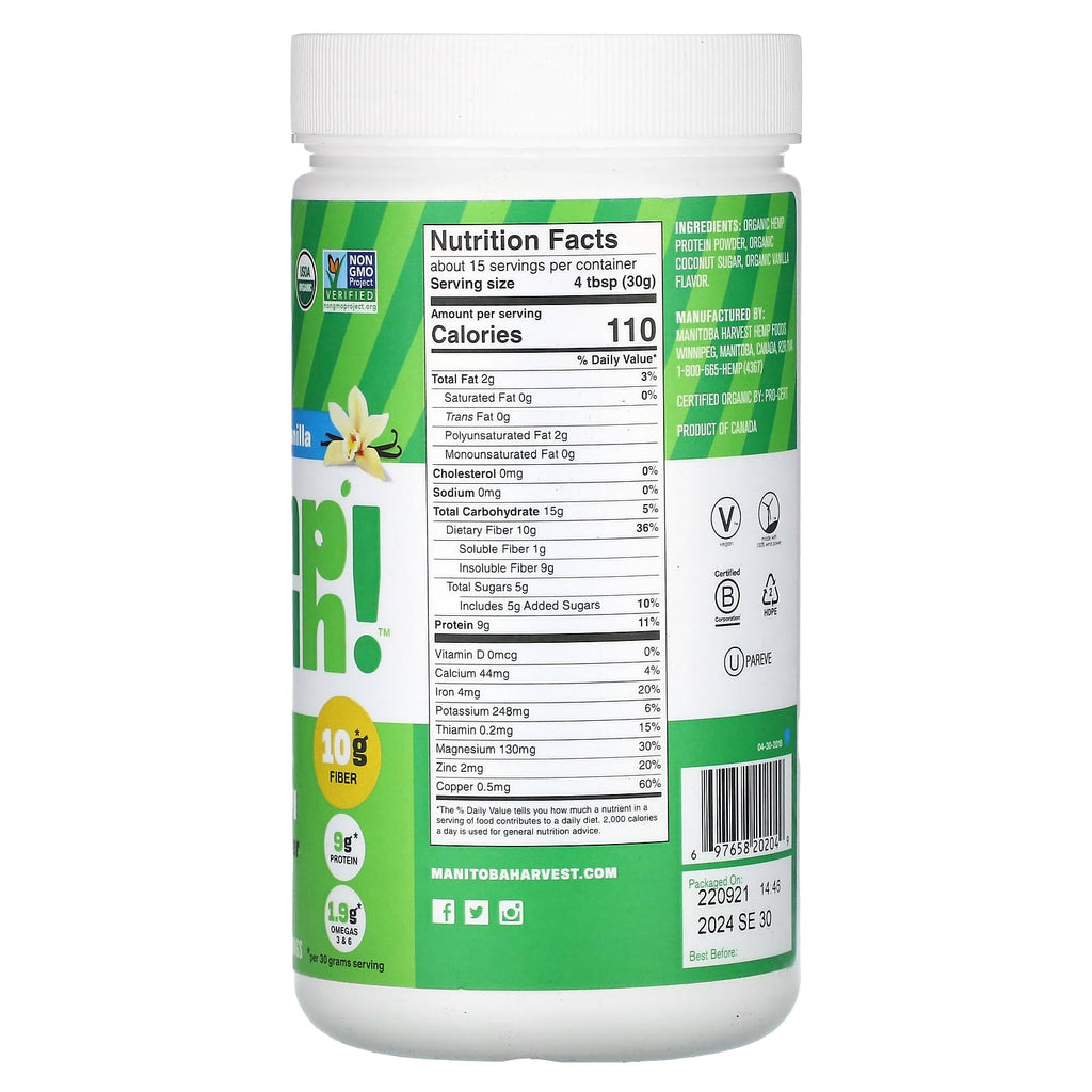 Nutrition facts label for Manitoba Harvest Hemp Yeah Max Fiber Vanilla Protein Powder