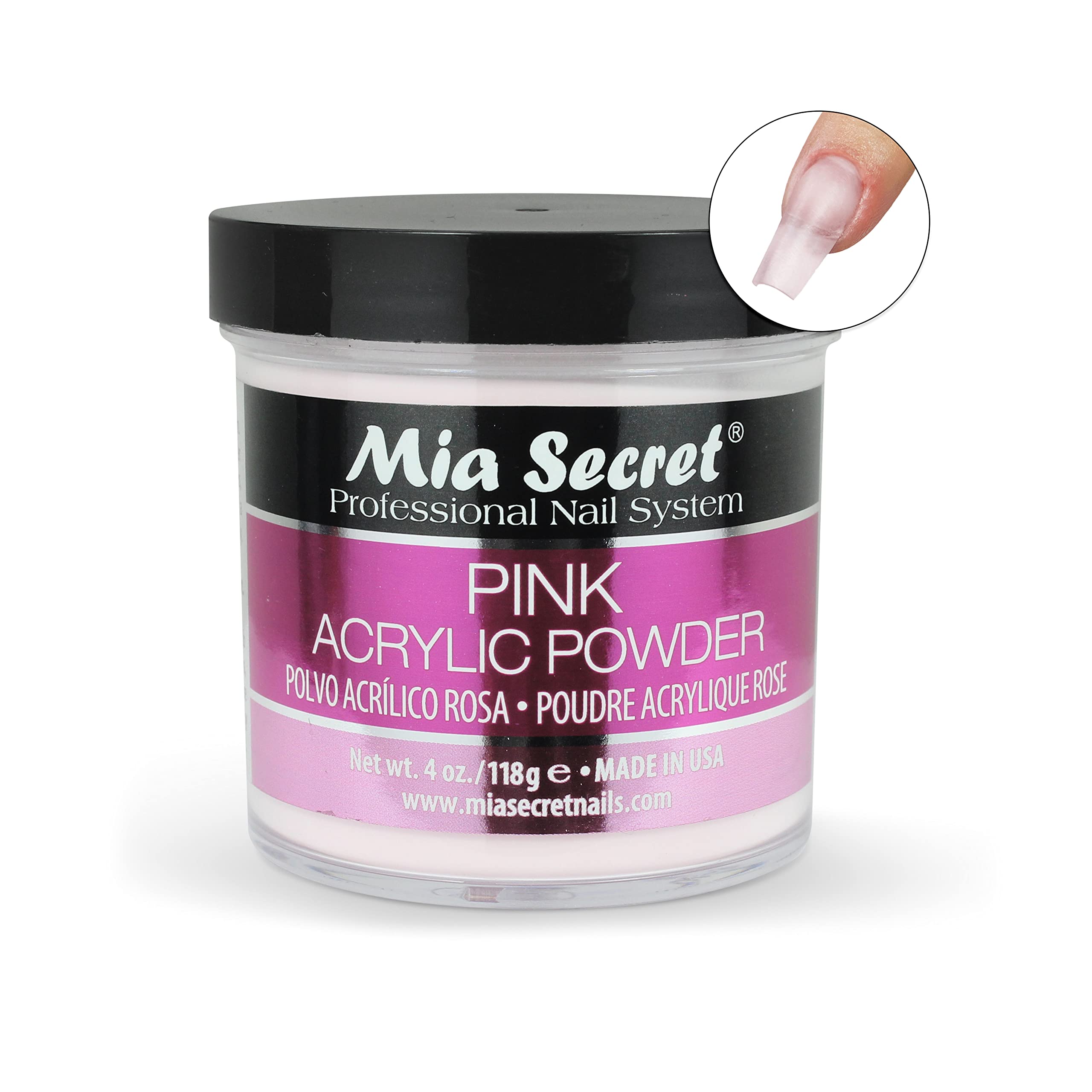 Side profile view of the Mia Secret professional pink nail powder jar showing weight and manufacturing details.