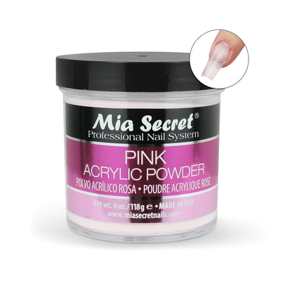 Side profile view of the Mia Secret professional pink nail powder jar showing weight and manufacturing details.
